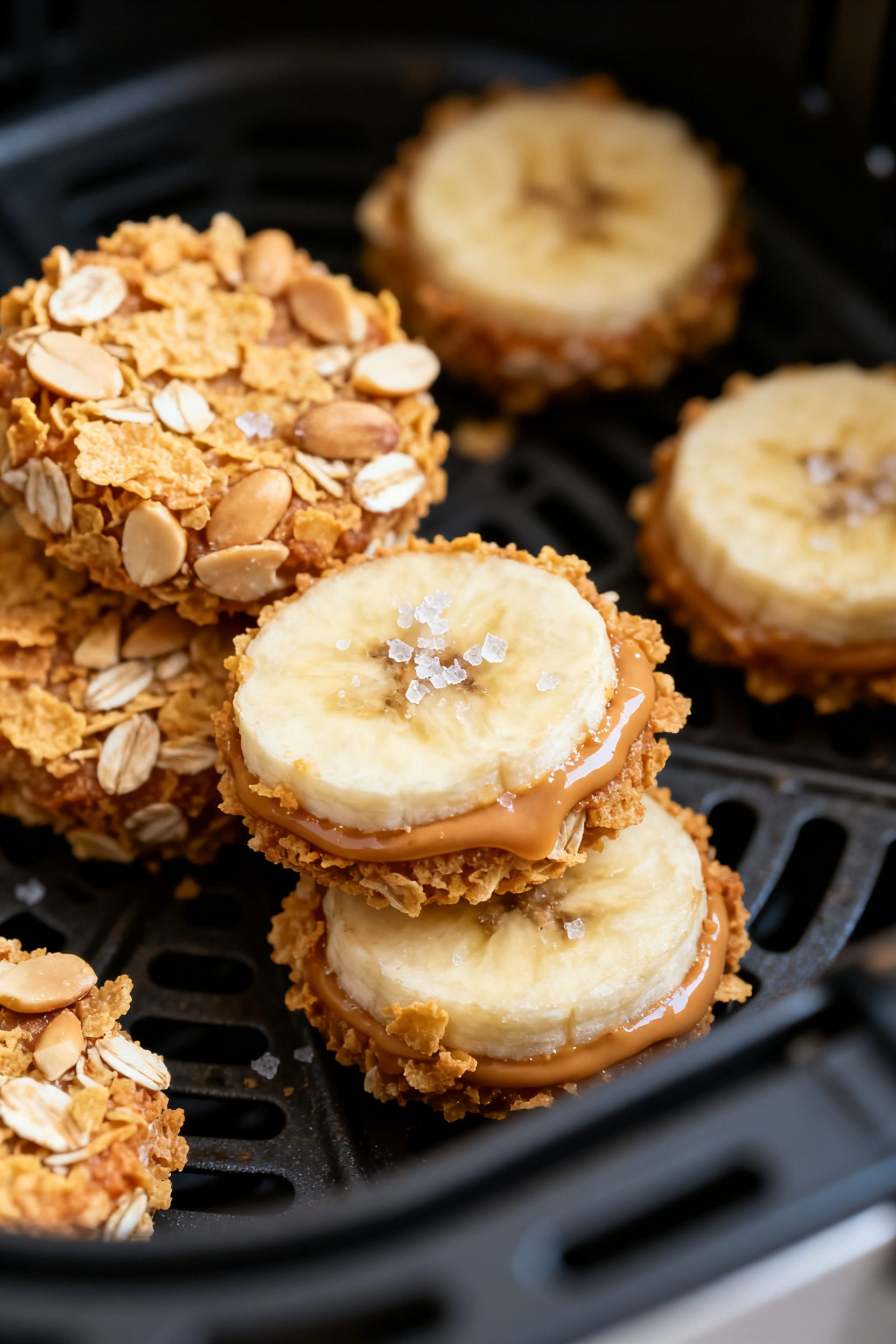 Close-up detail: Air-fried banana peanut butter bites just out of the basket, coating visibly golden