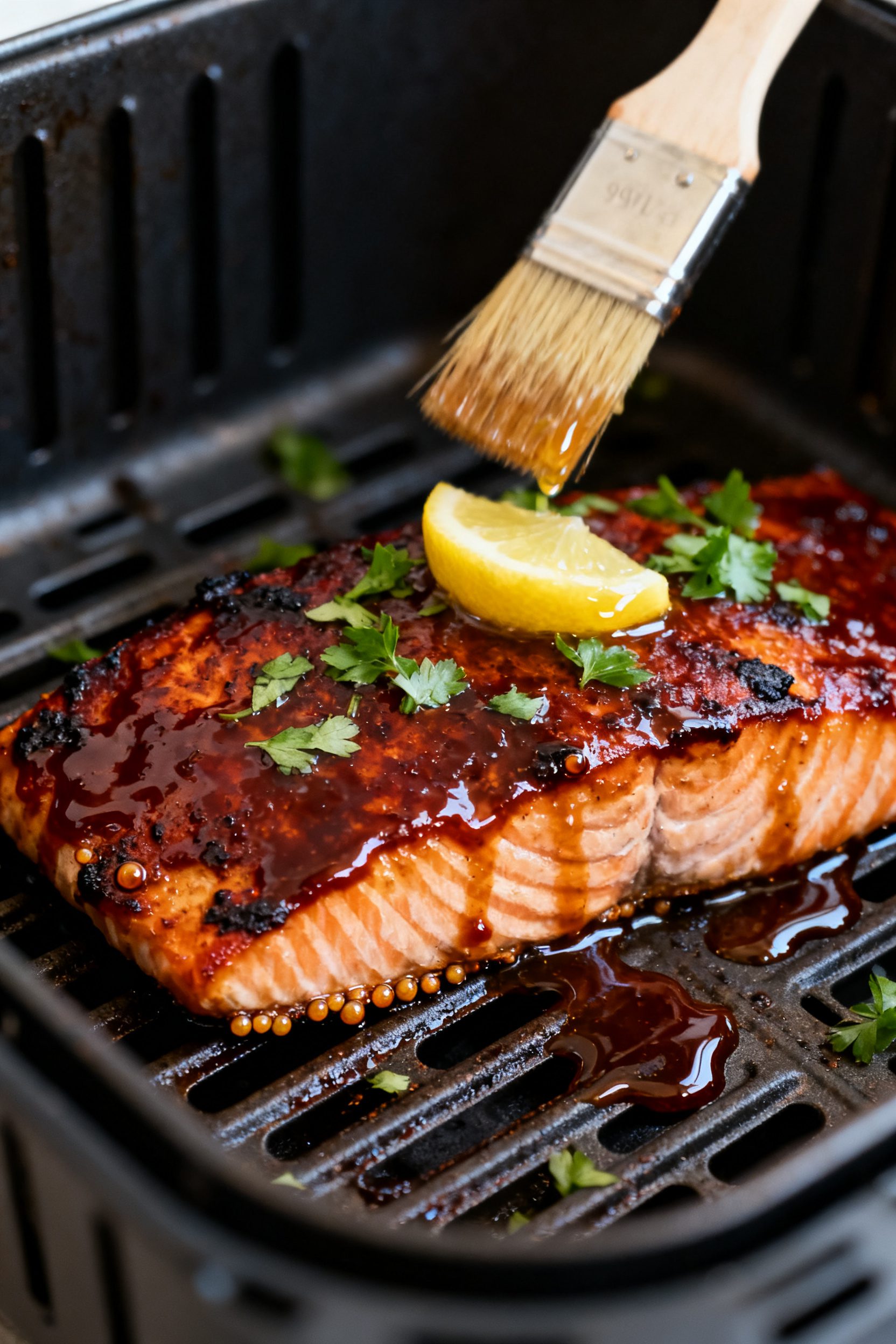 Close-up detail: Air-fried BBQ salmon fillet just out of the basket, surface deeply caramelized with