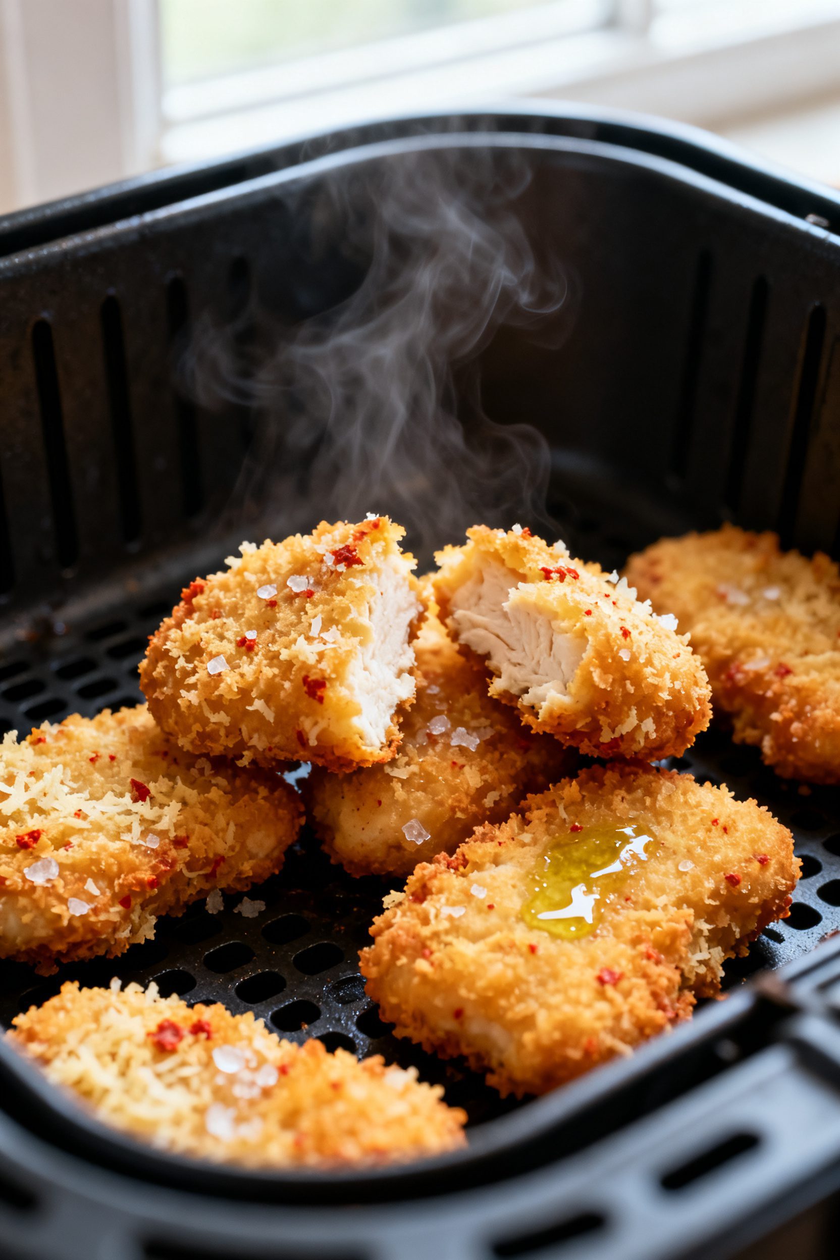Close-up detail: Air-fried breaded chicken nuggets just out of the basket, ultra-crispy golden panko