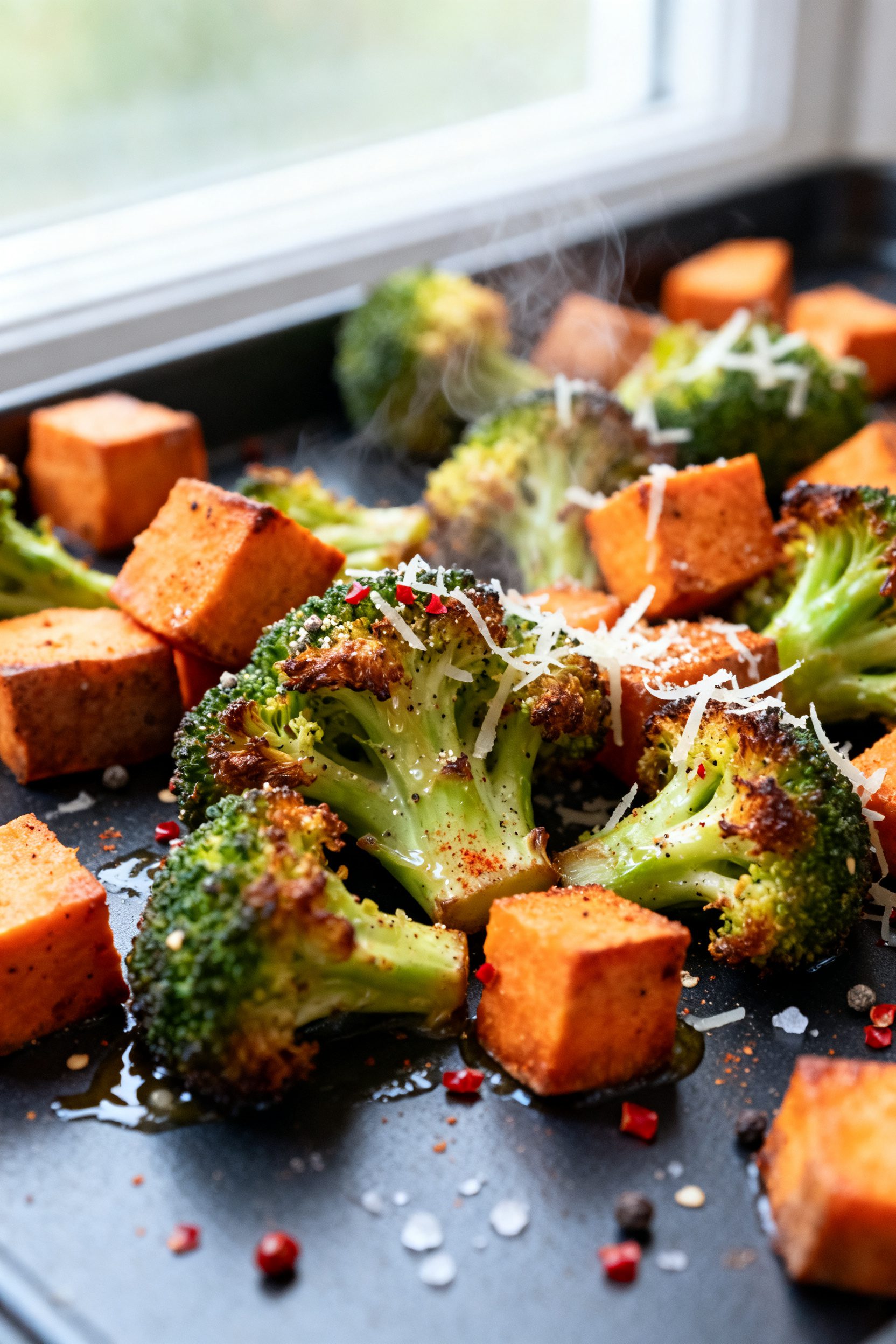 Close-up detail: Air-fried broccoli florets and sweet potato cubes just out of the basket, showing c