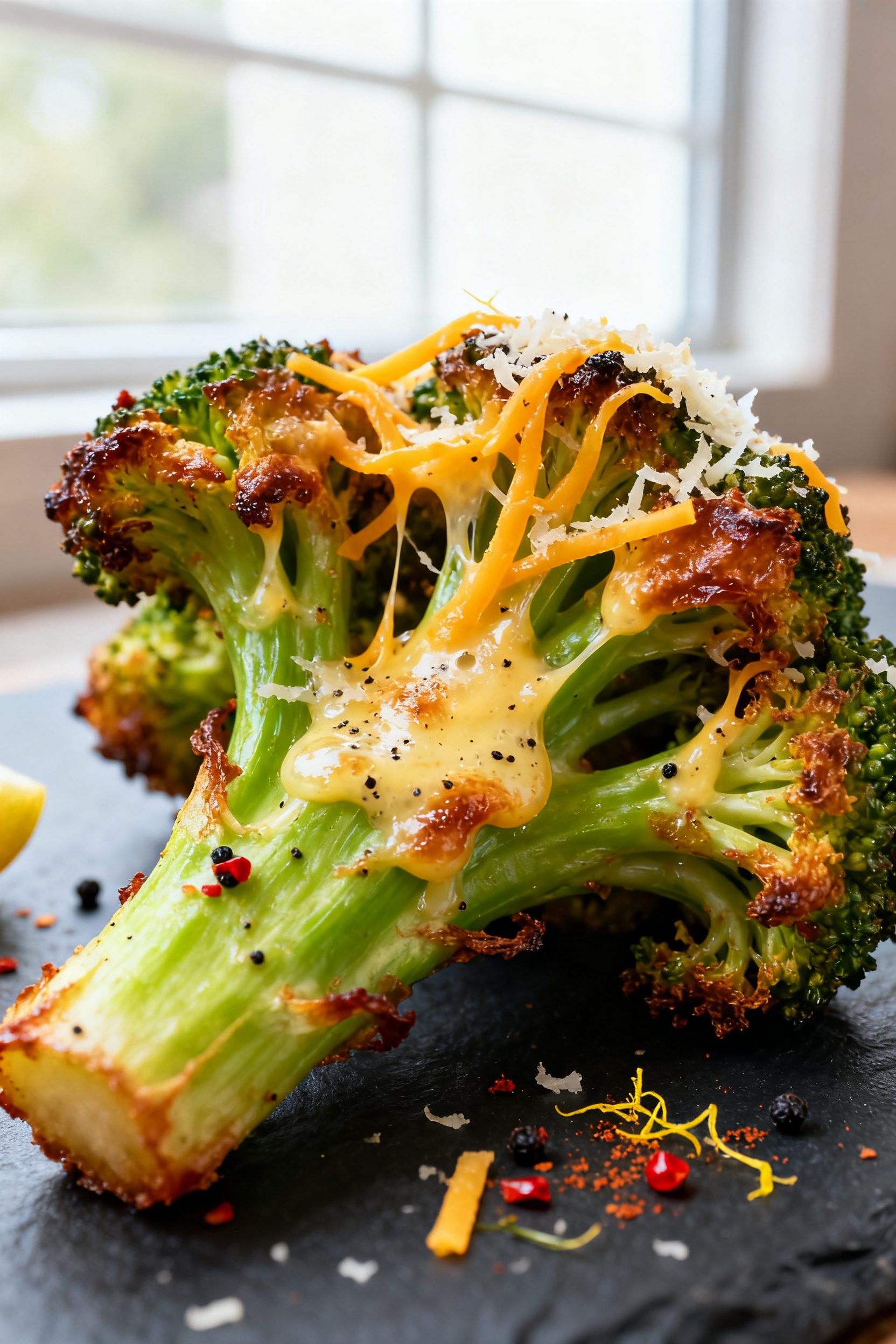 Close-up detail: Air-fried broccoli florets with caramelized, crispy edges and tender bright-green s