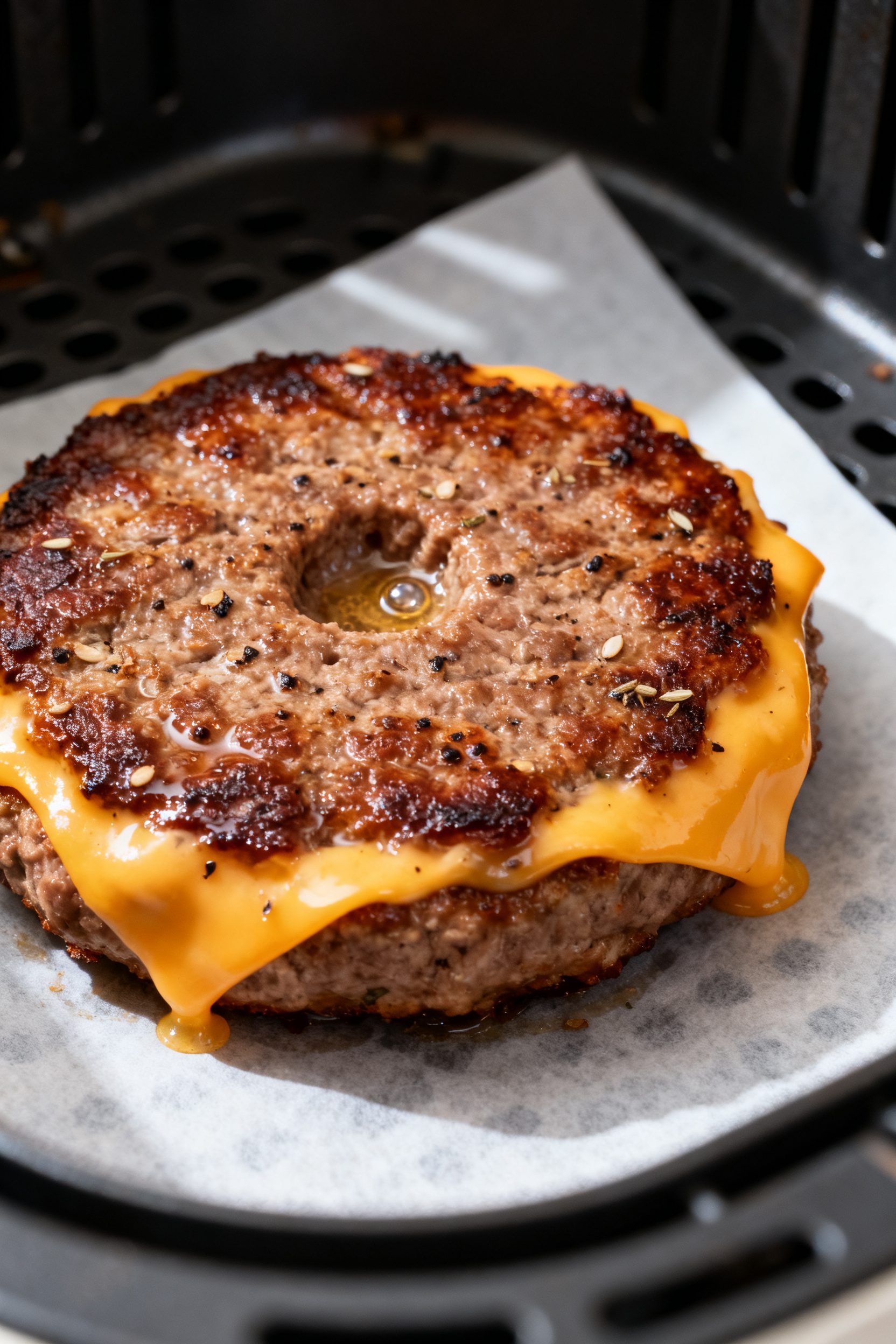 Close-up detail: Air-fried burger patty just after flipping in the basket at 375°F, showing a light
