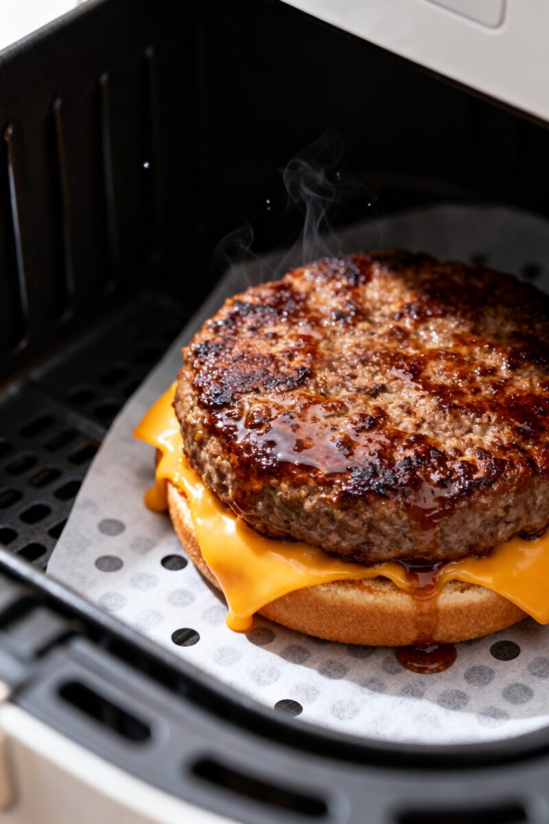 Close-up detail: Air-fried burger patty just finished cooking in the basket at 375°F, deeply browne