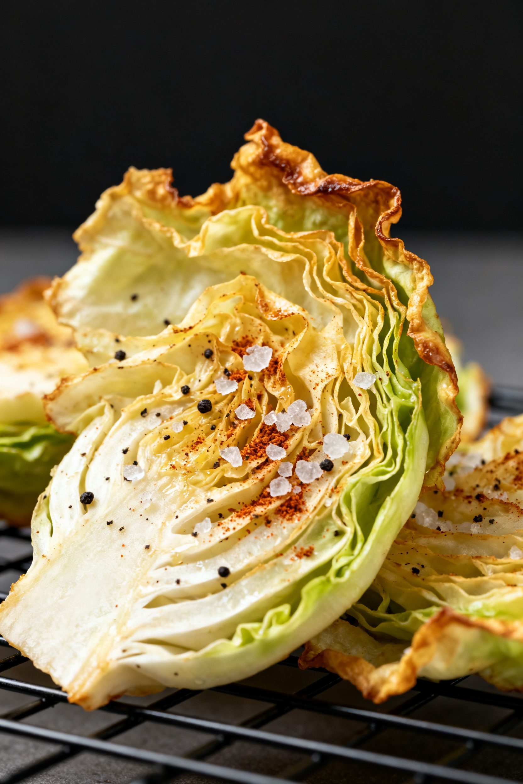 Close-up detail: Air-fried cabbage chips just out of the basket, edges golden and slightly blistered