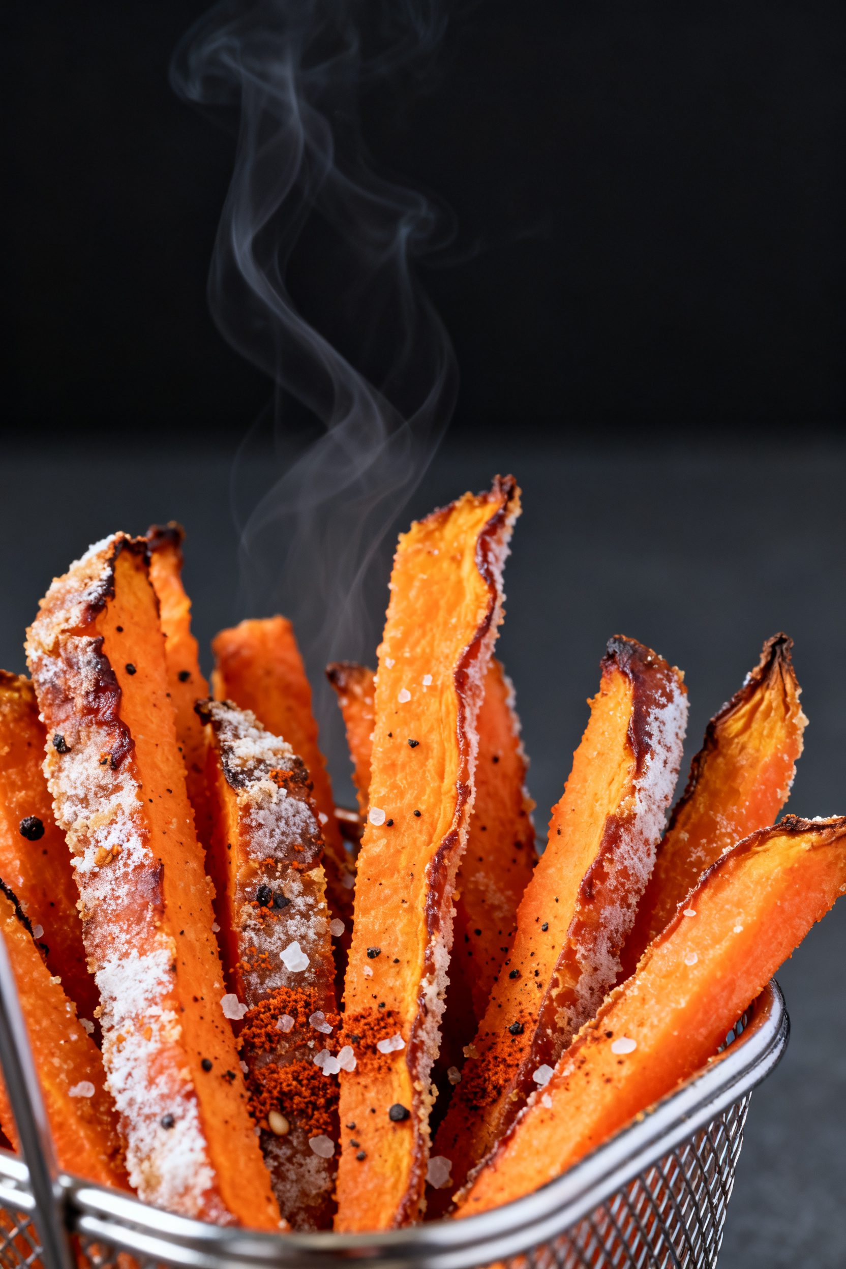 Close-up detail: Air-fried carrot fries just out of the basket, edges deeply caramelized with a thin