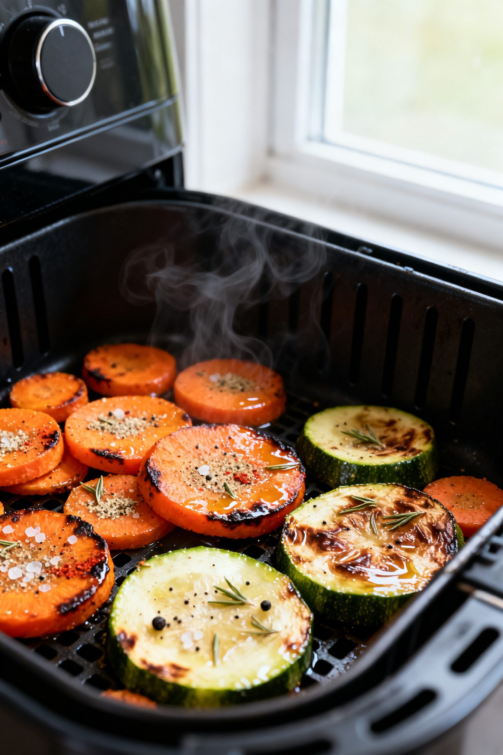 Close-up detail: Air-fried carrots and zucchini fresh from the basket at the shake step, showing lig