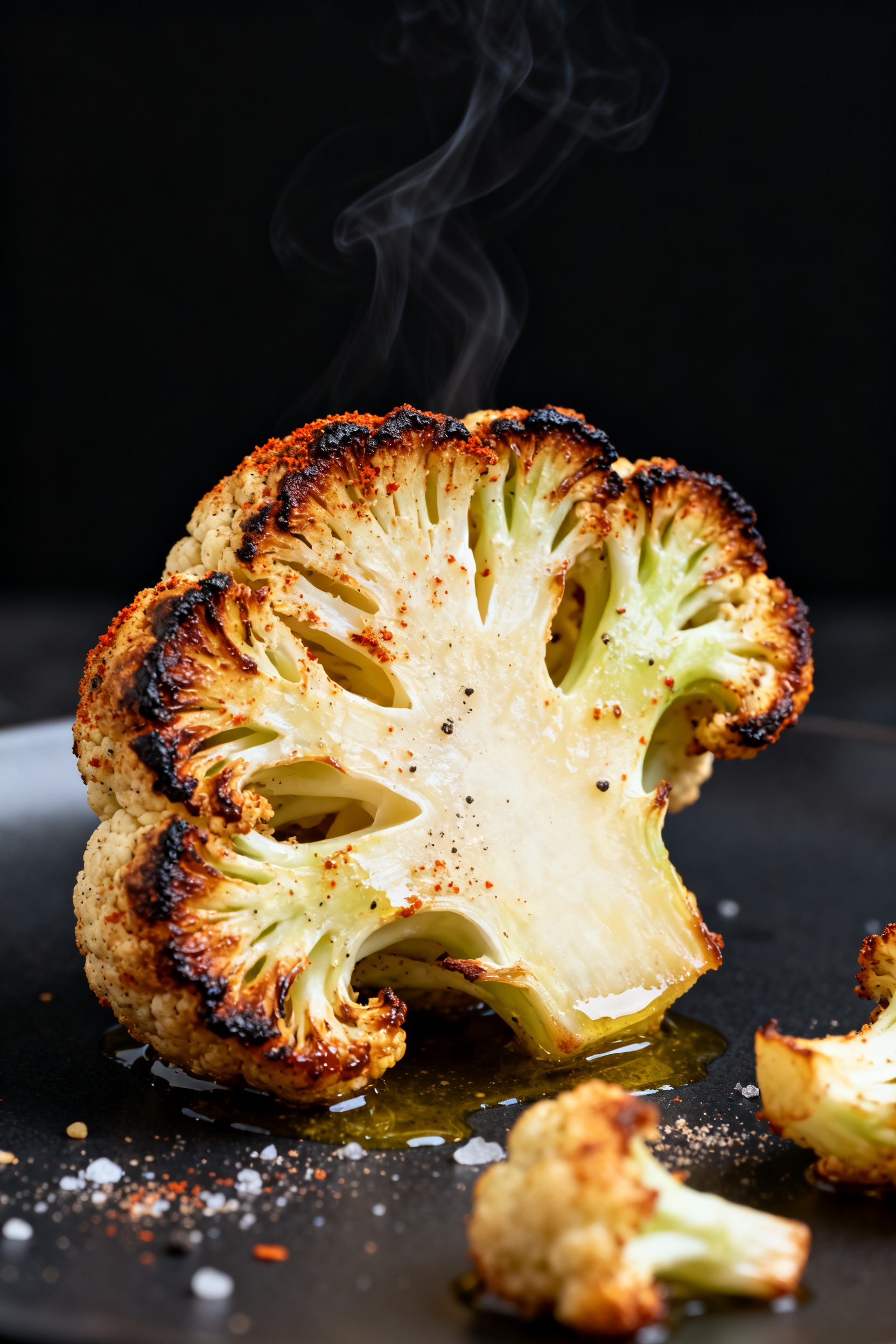 Close-up detail: Air-fried cauliflower steak just out of the basket, edges deeply caramelized with a