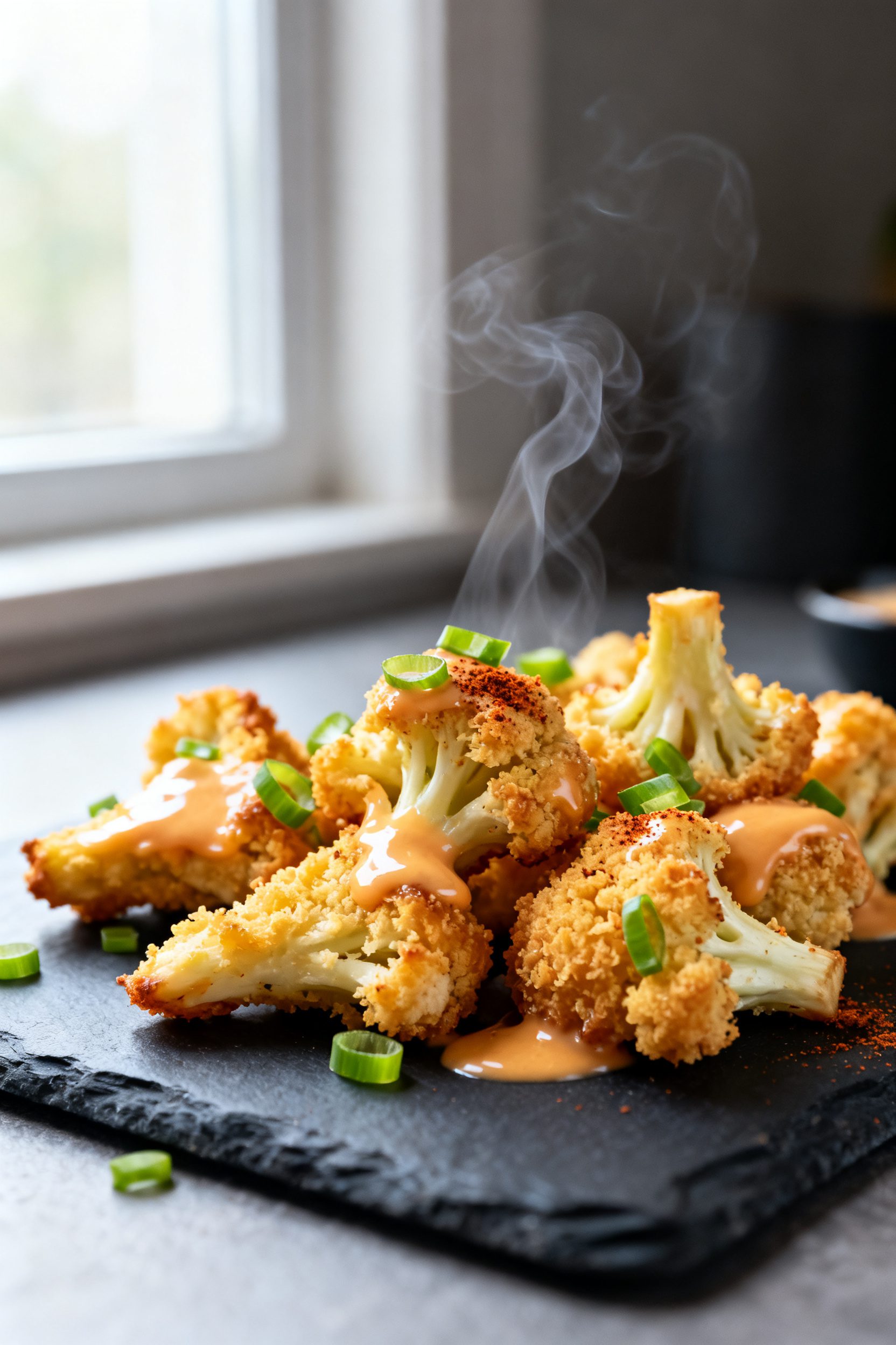 Close-up detail: Air-fried cauliflower “wings” just after the optional second fry, glistening wi