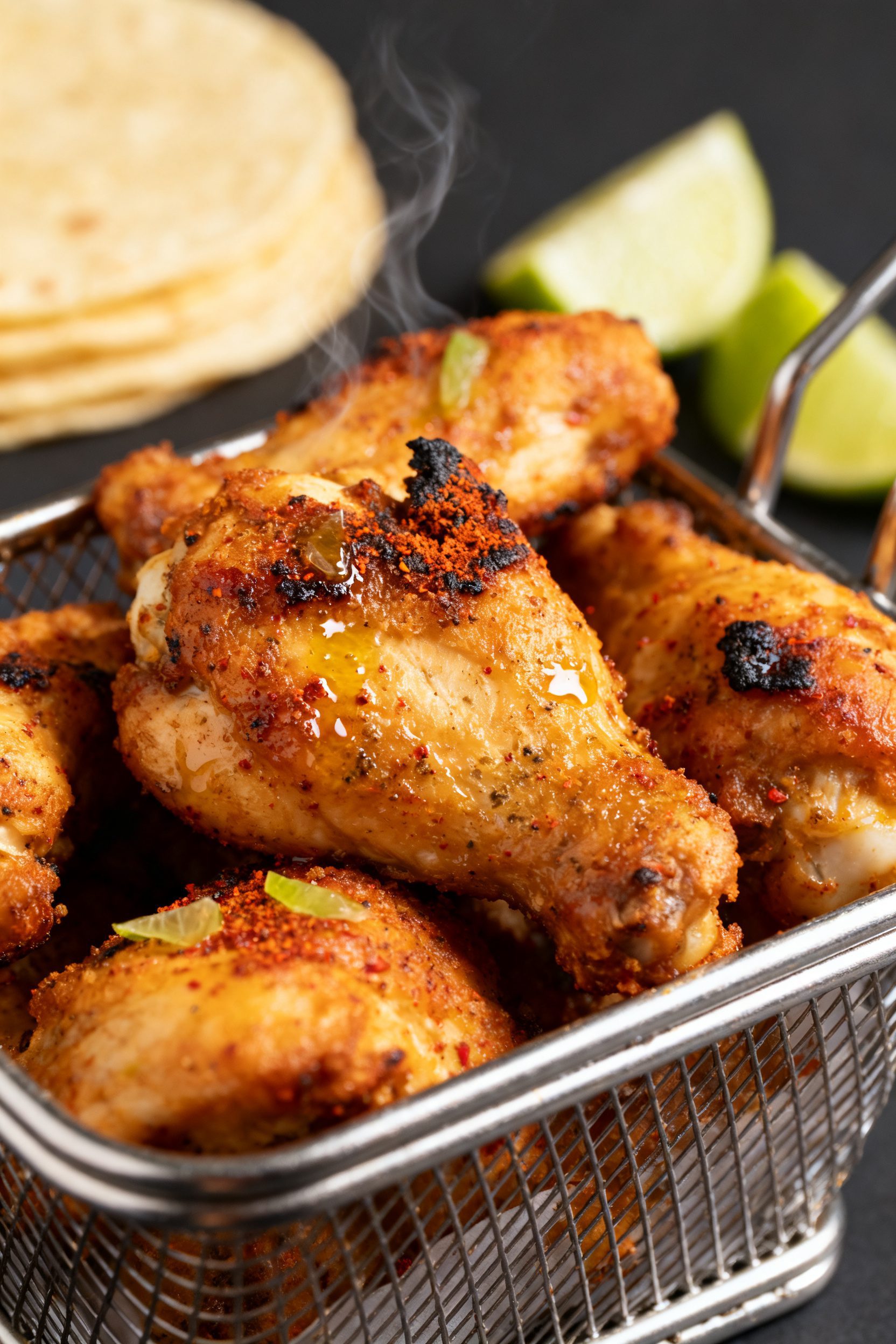 Close-up detail: Air-fried chicken pieces just out of the basket, golden-brown with crisp, char-kiss