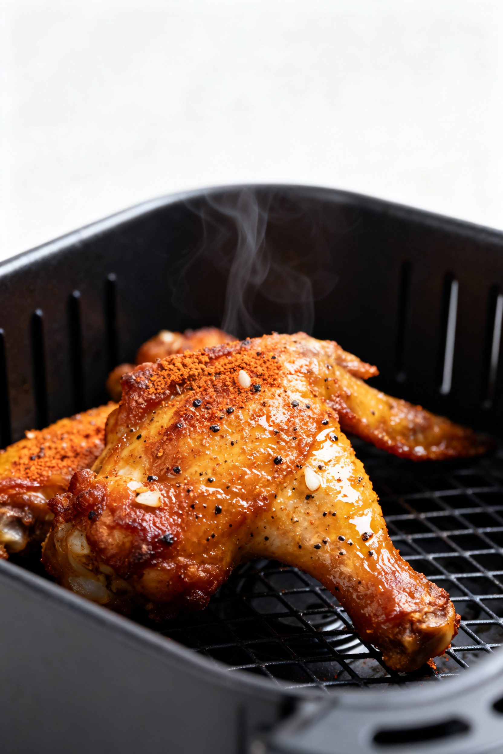 Close-up detail: Air-fried chicken wings just out of the basket, skin deeply golden and blistered wi