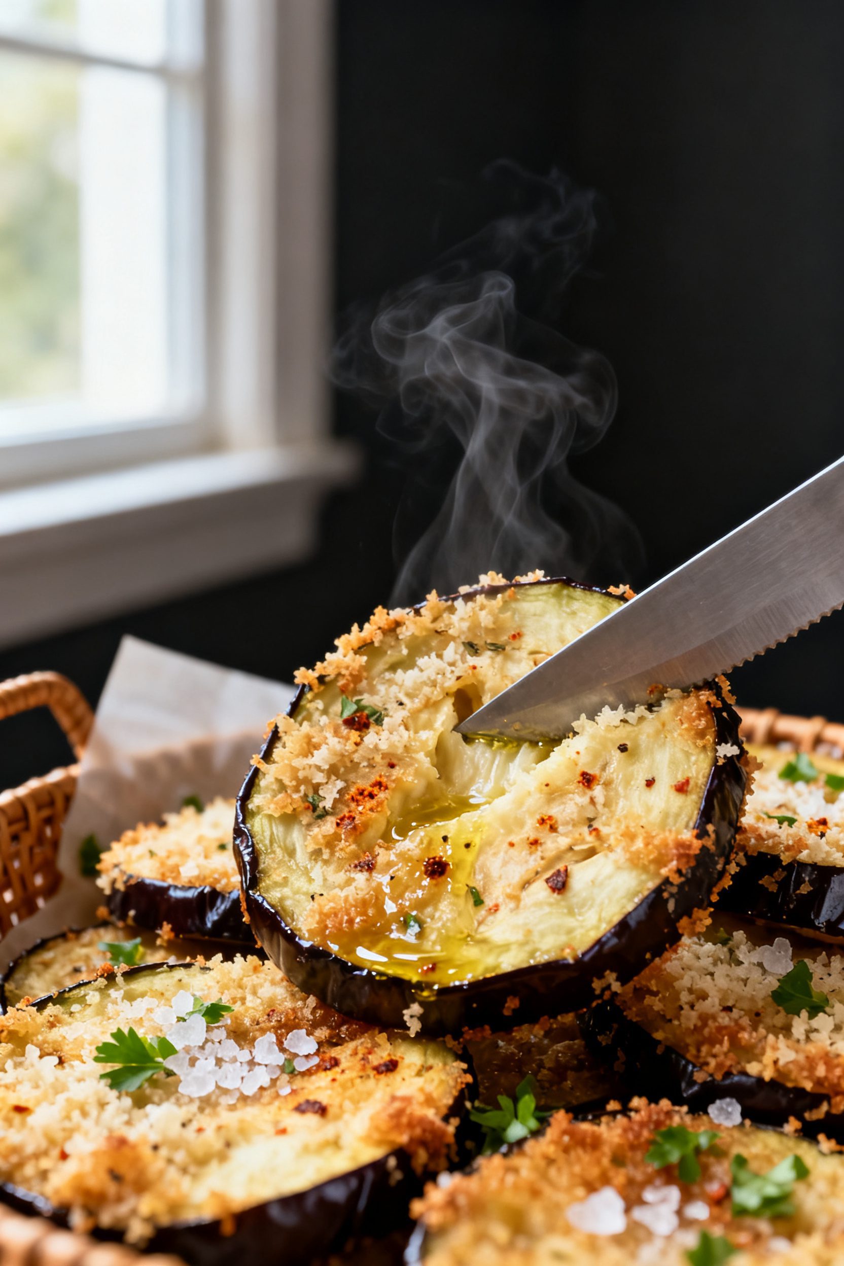 Close-up detail: Air-fried eggplant rounds just out of the basket, deep golden and crisp with panko-
