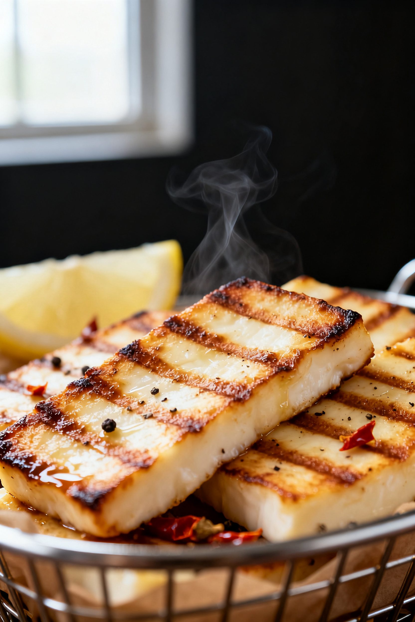 Close-up detail: Air-fried halloumi slices just out of the basket, deep golden edges with light blis