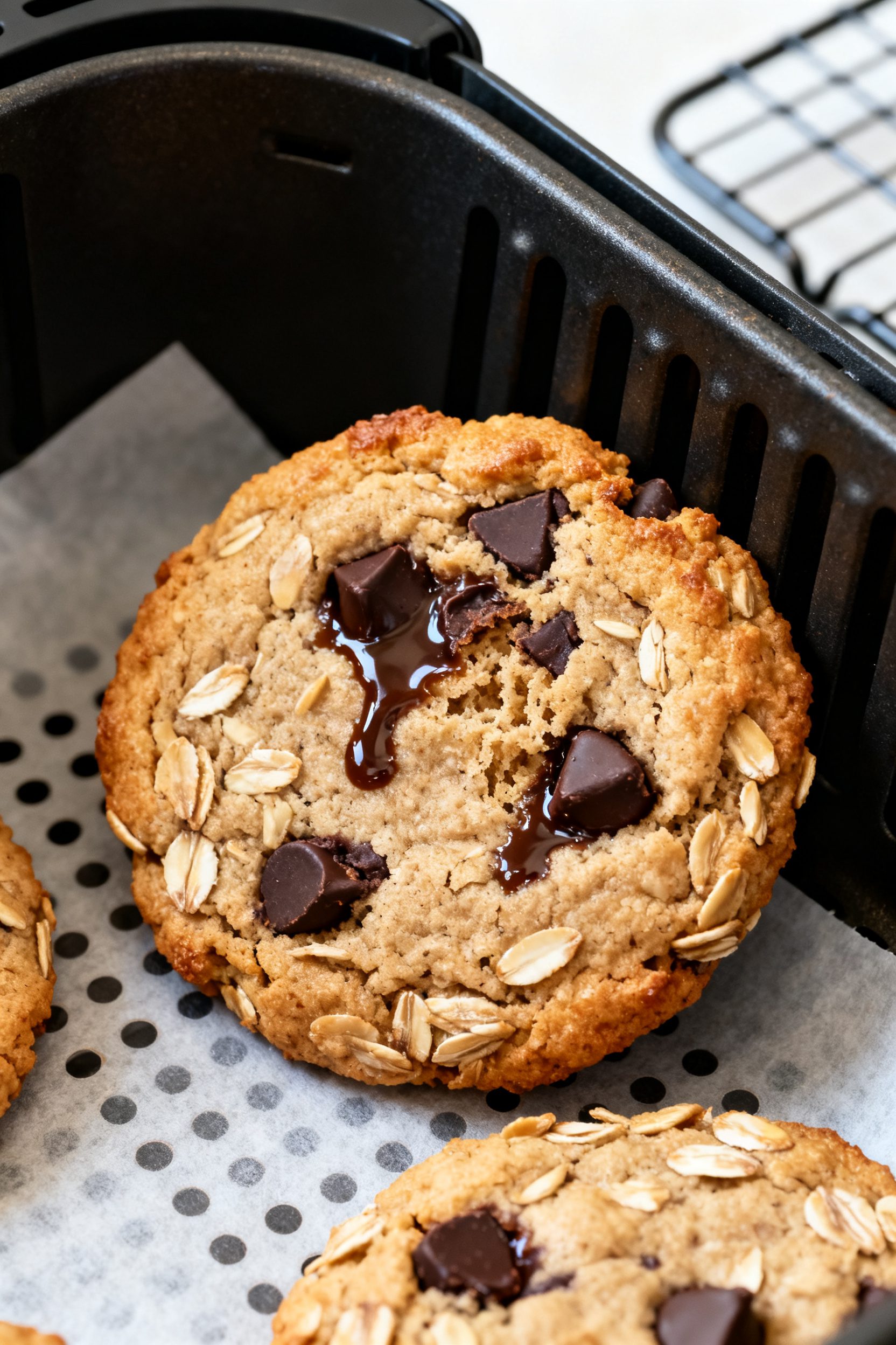 Close-up detail: Air-fried high protein oat cookie just out of the basket, edges lightly golden with