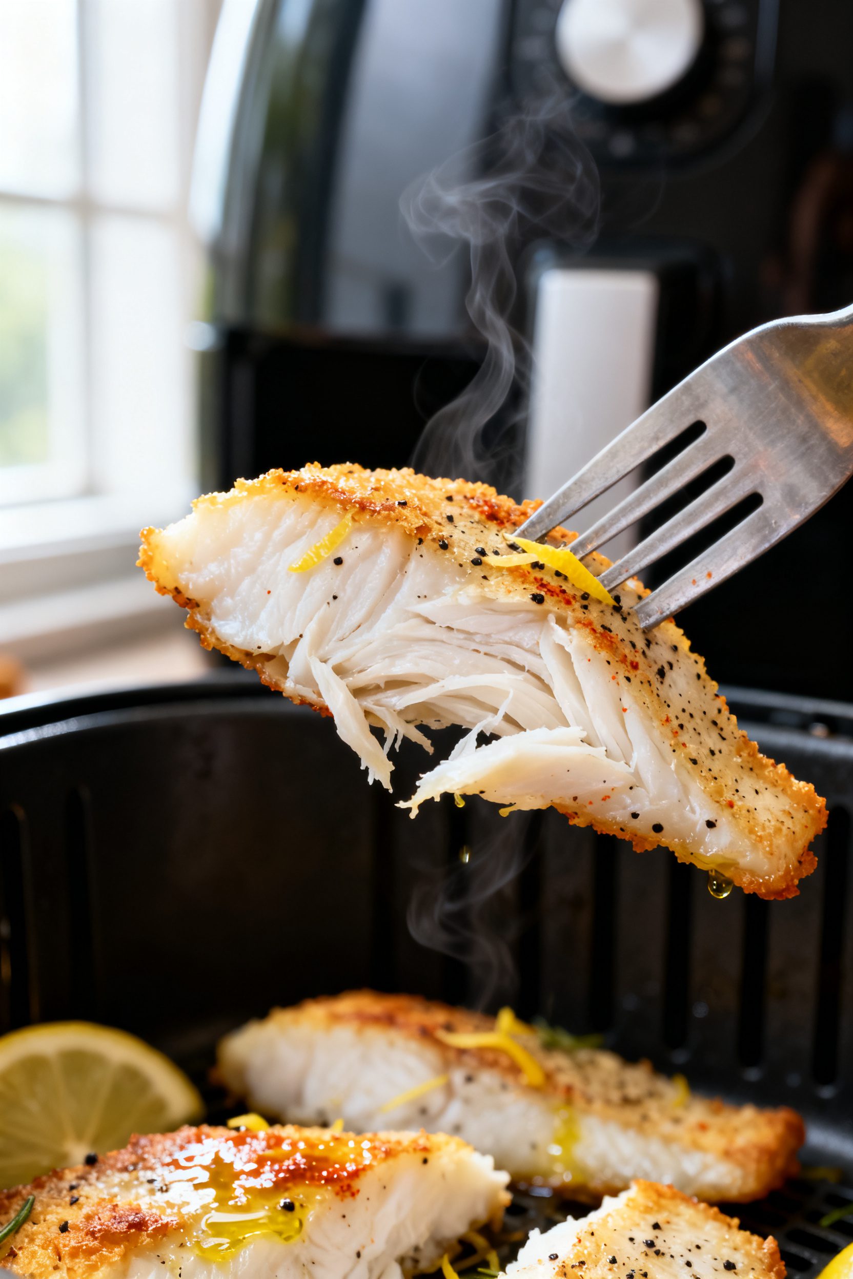 Close-up detail: Air-fried lemon pepper cod just out of the basket, showing lightly crisped, golden 