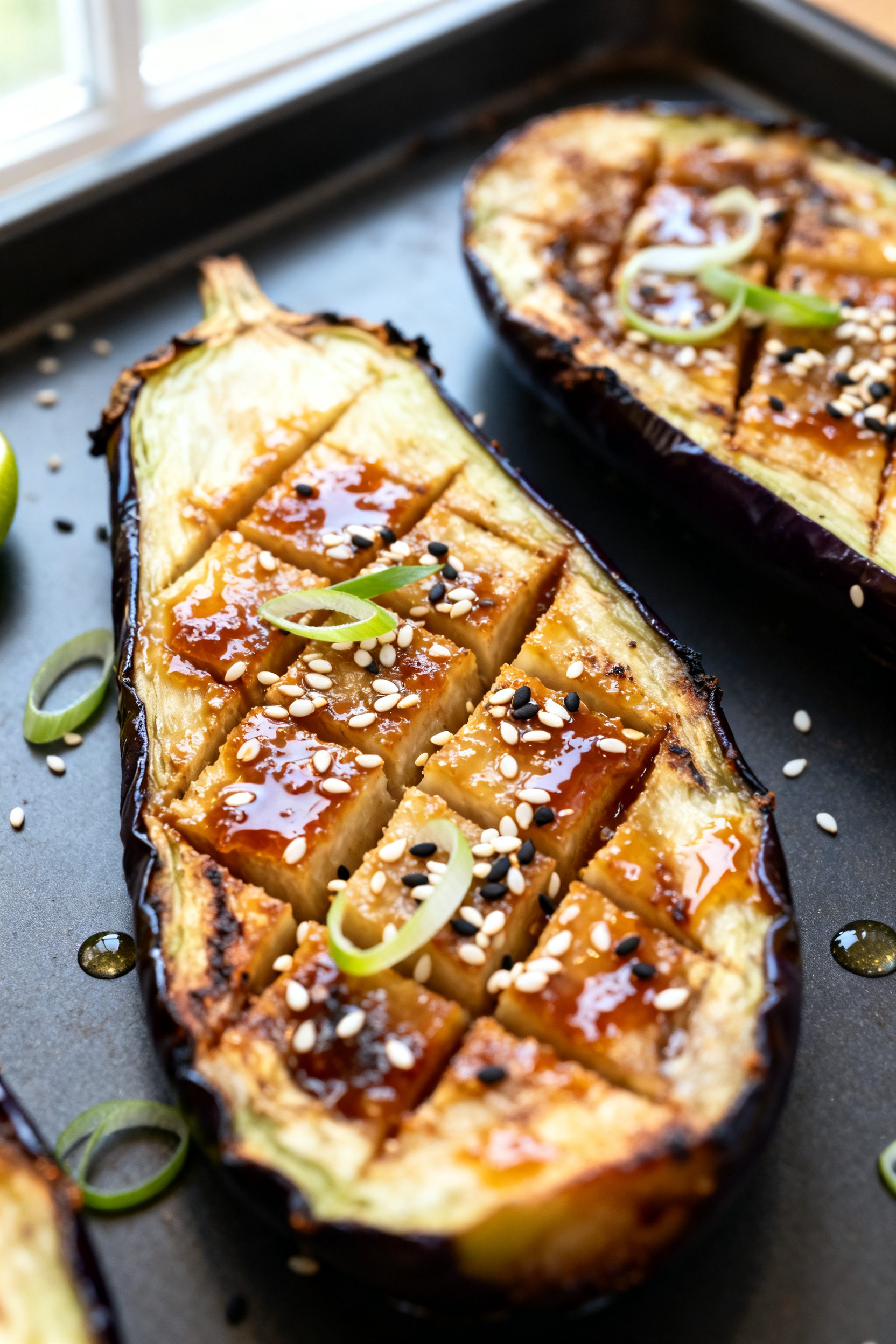 Close-up detail: Air-fried miso eggplant halves just after the second cook, glaze bubbling and light