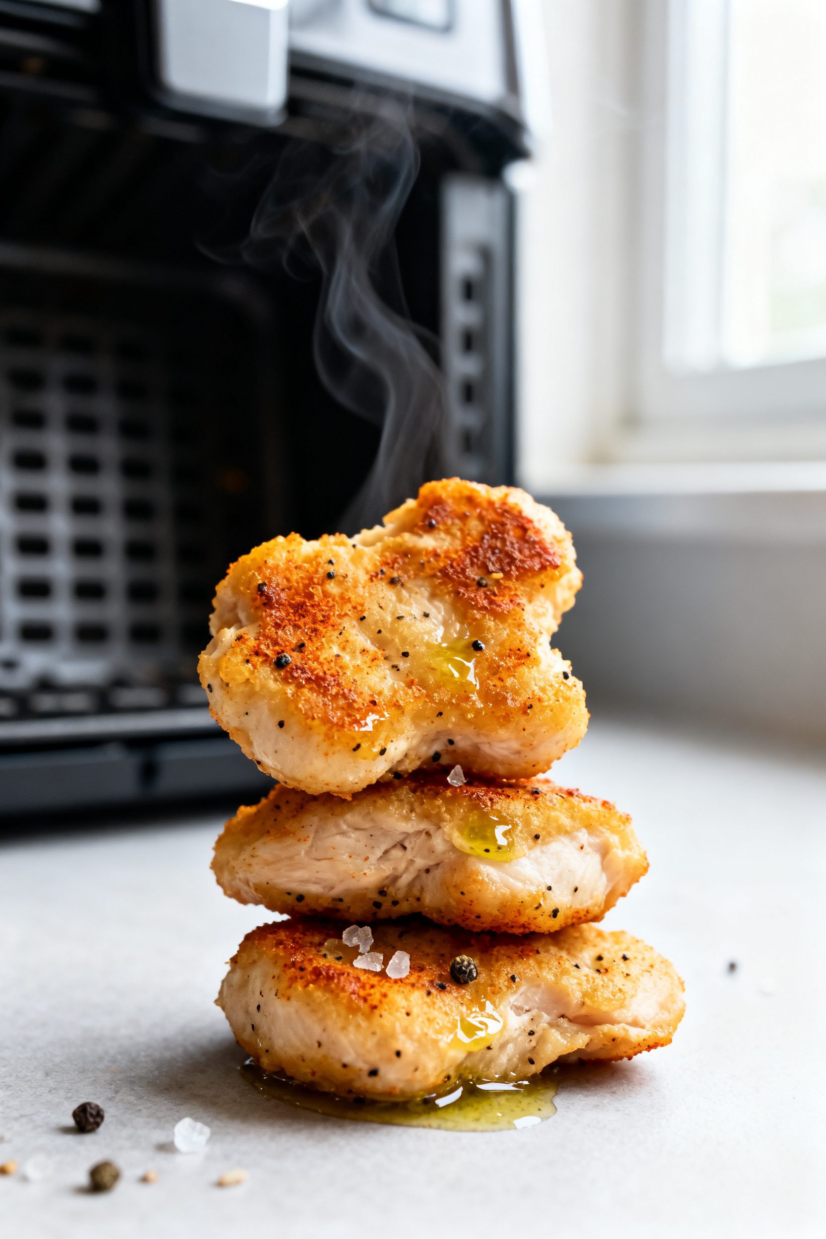 Close-up detail: Air-fried naked chicken nuggets just out of the basket at 400°F, edges lightly cri