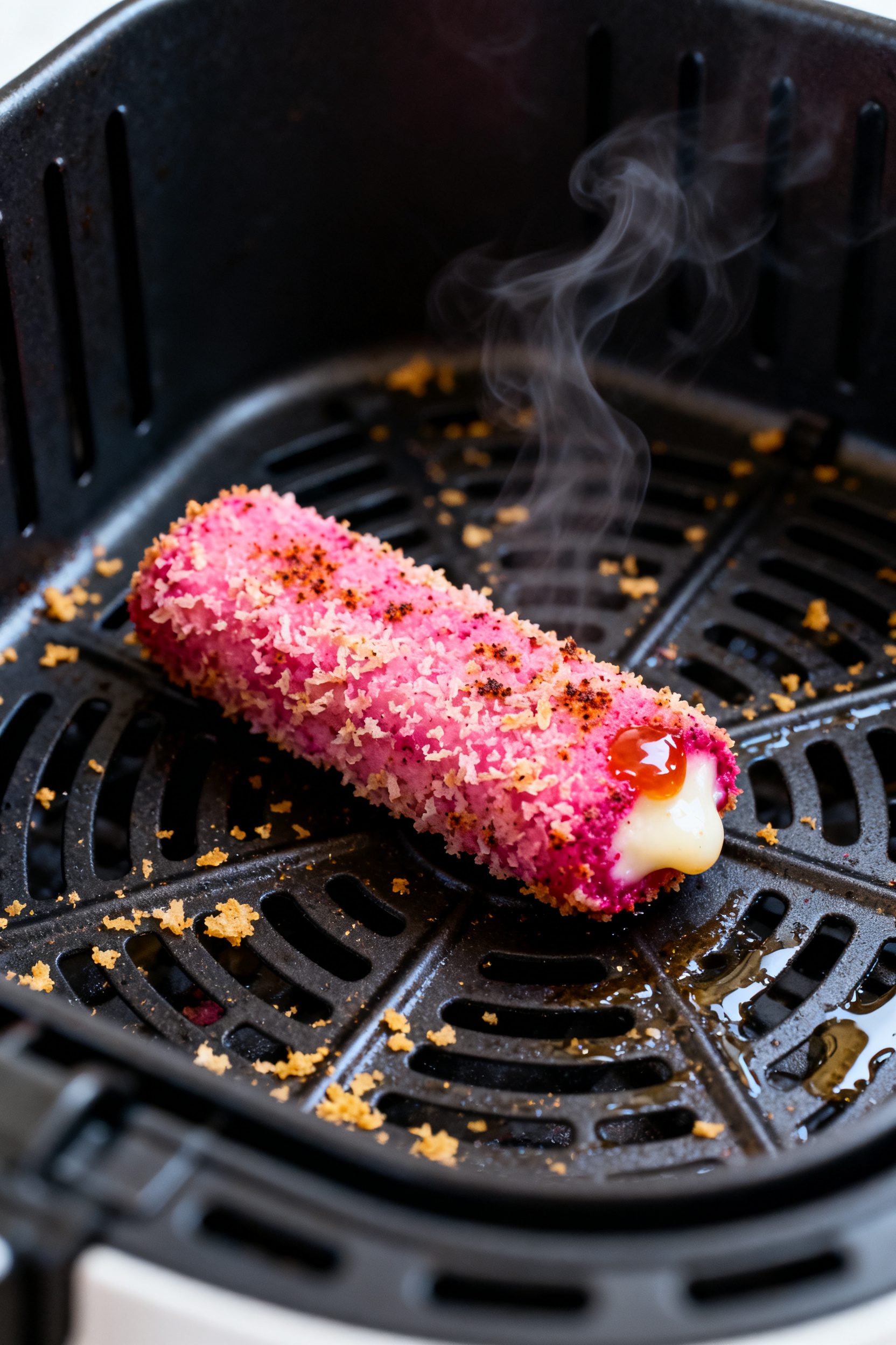 Close-up detail: Air-fried pink mozzarella stick just out of the basket, coating ultra-crispy with v