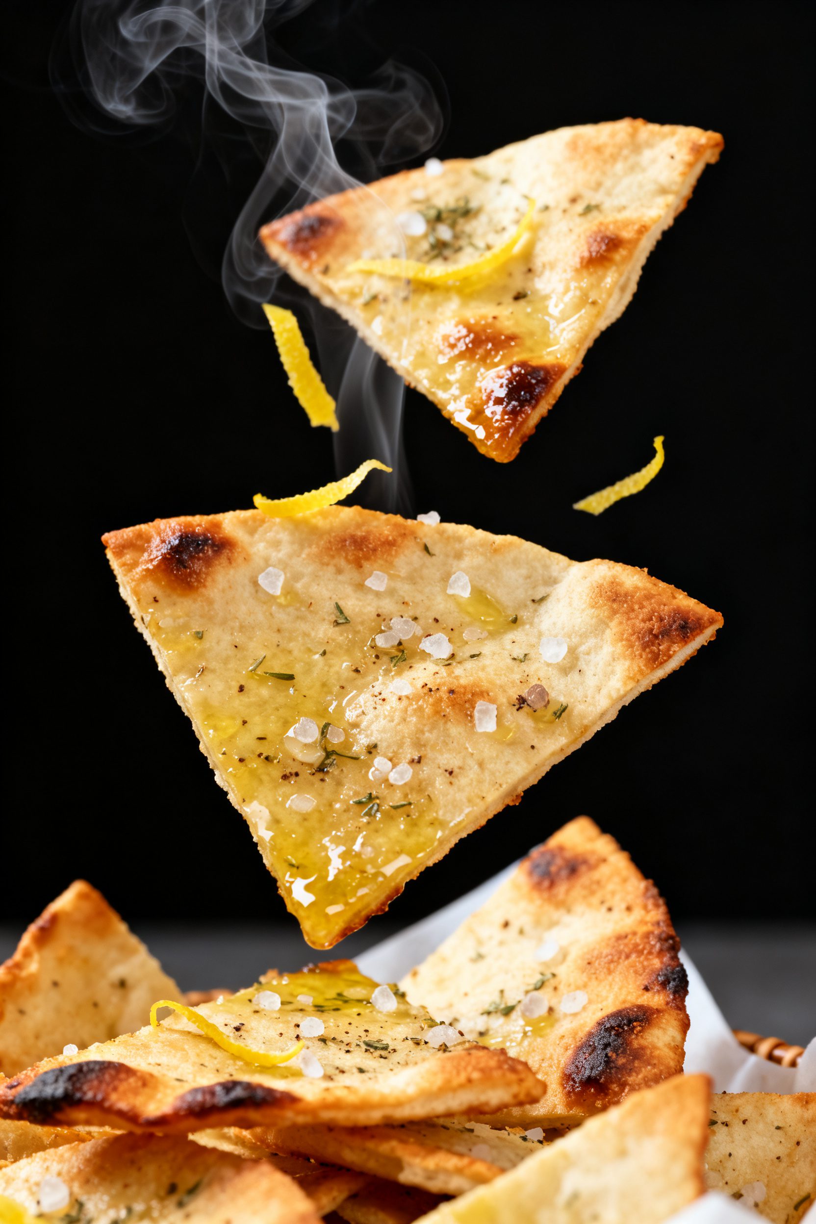 Close-up detail: Air-fried pita chip wedges just out of the basket, golden-brown with crisp, blister