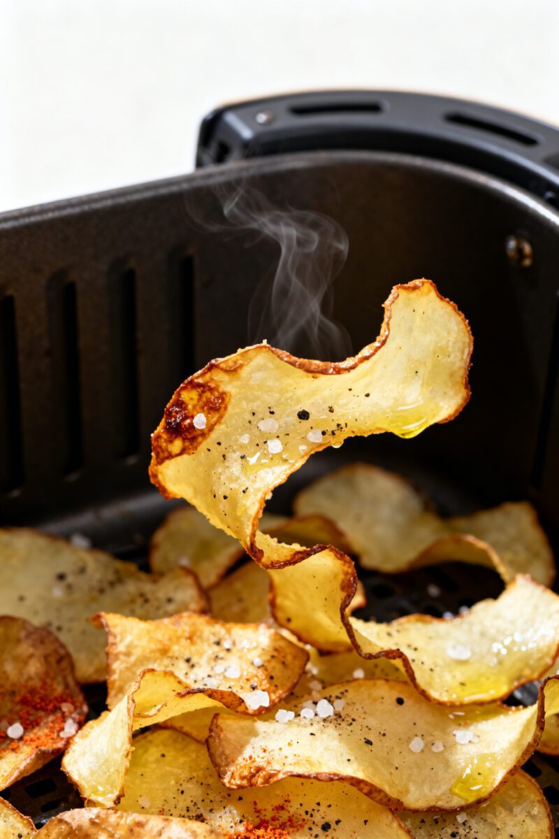 Close-up detail: Air-fried potato peel chips just out of the basket, golden-brown edges with blister
