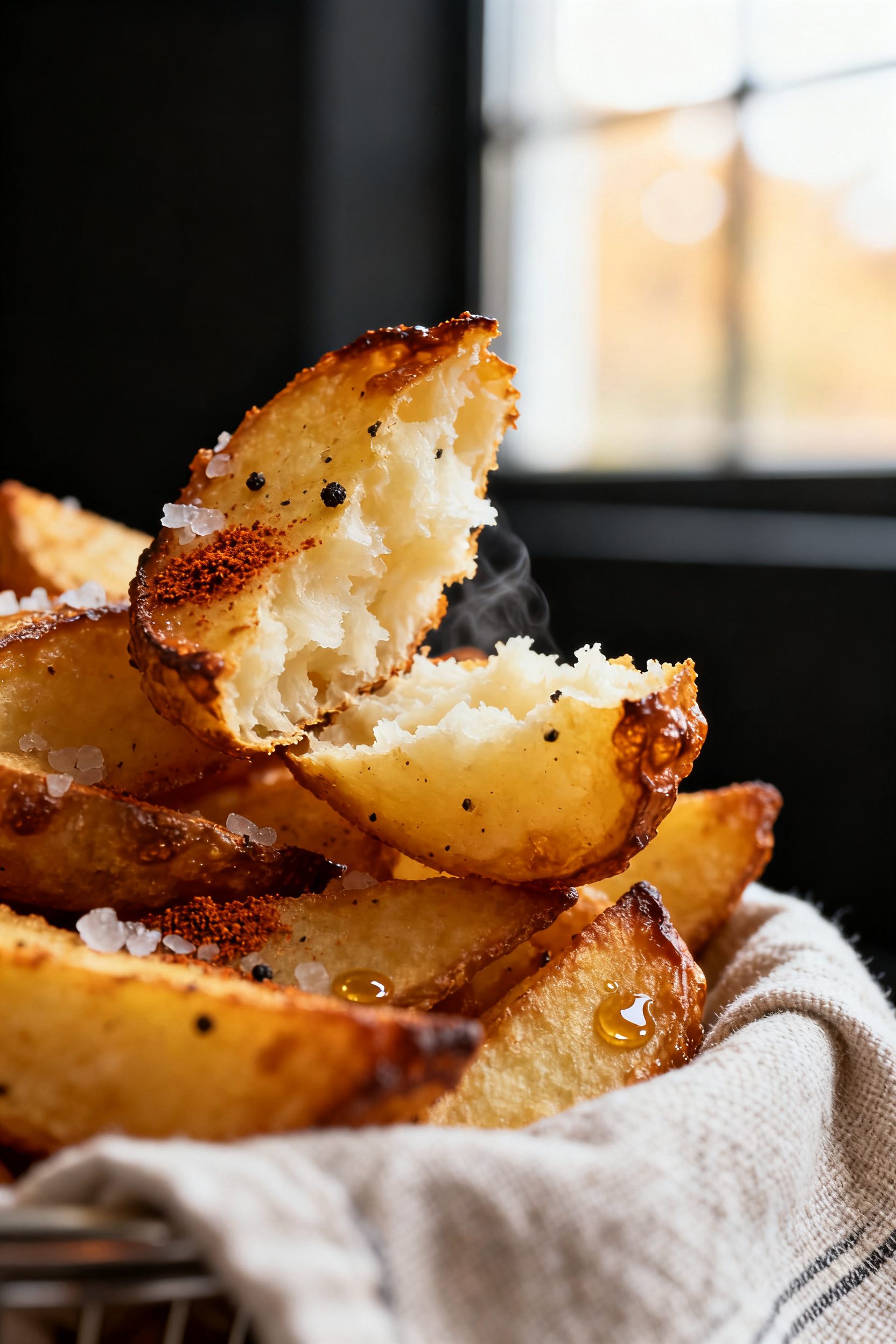 Close-up detail: Air-fried pub chips just out of the basket, edges deeply golden and blistered with 