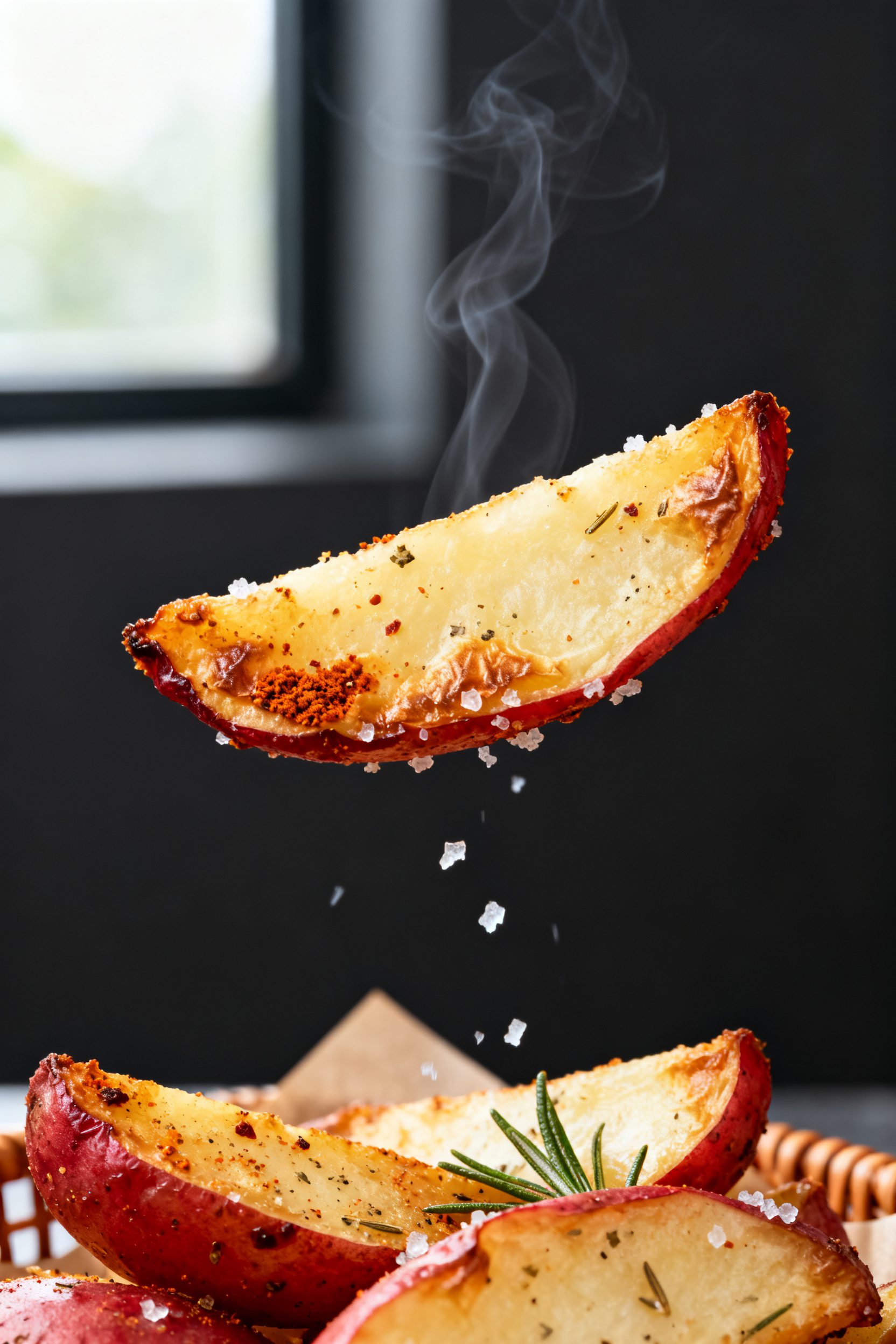 Close-up detail: Air-fried red potato wedges just out of the basket, edges deeply golden and crisp w