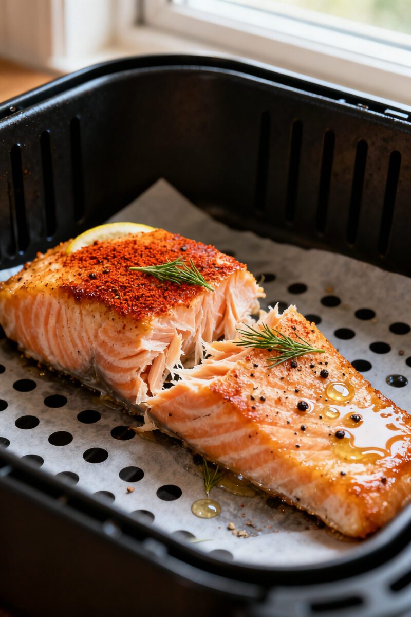 Close-up detail: Air-fried salmon fillet just out of the basket with a lightly crisped, paprika-dust