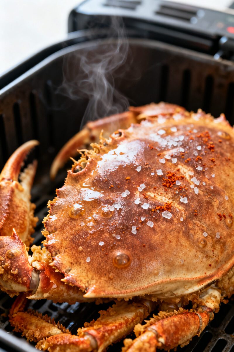 Close-up detail: Air-fried soft shell crab just out of the basket, deep golden-brown with shatter-cr