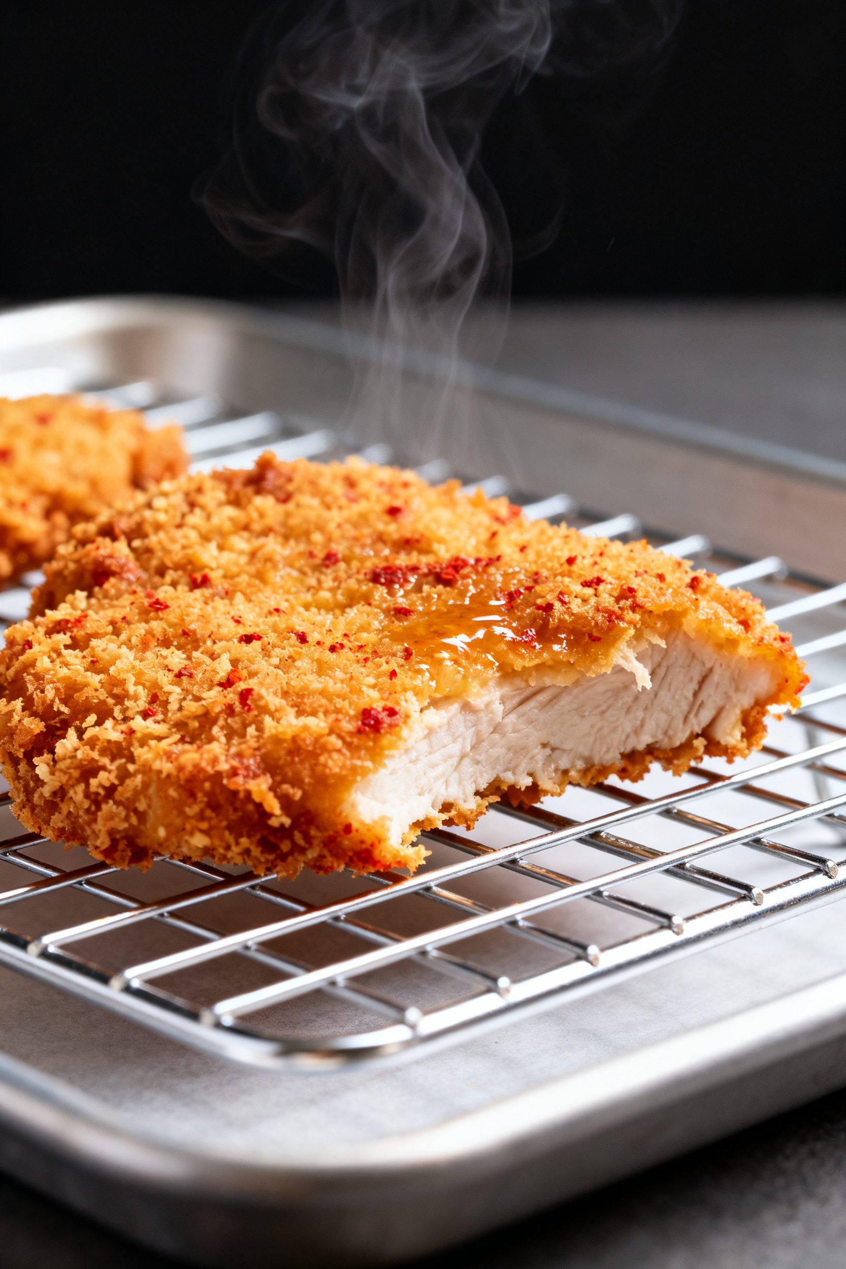 Close-up detail: Air-fried spicy chicken cutlet just out of the basket, ultra-crispy golden breadcru