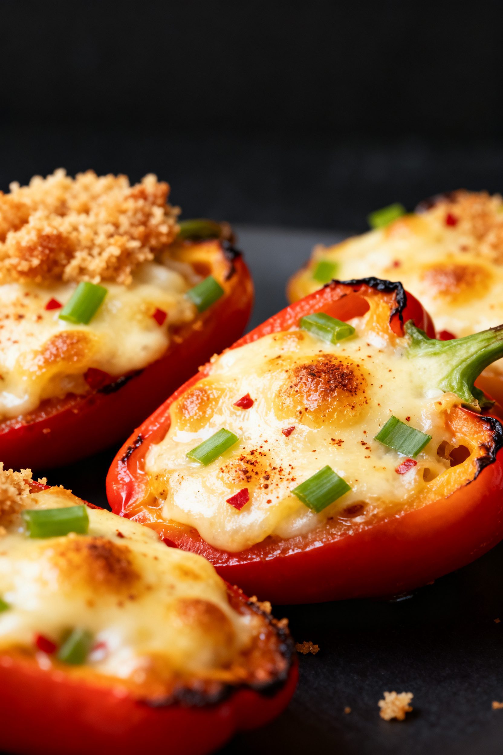 Close-up detail: Air-fried stuffed mini sweet peppers just out of the basket at 375°F, filling ligh