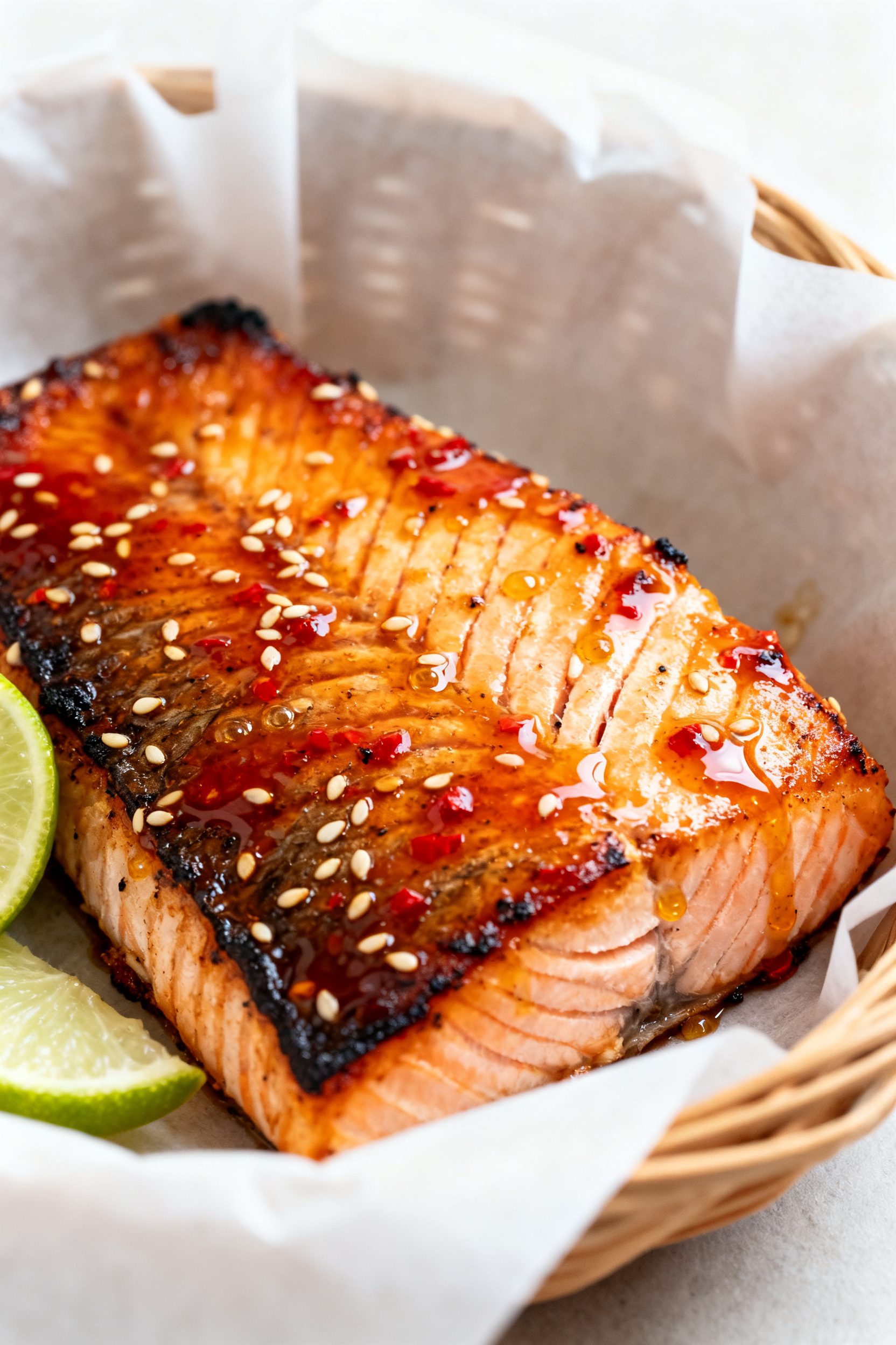Close-up detail: Air-fried sweet chili salmon just after basting, skin-side down in the hot basket a