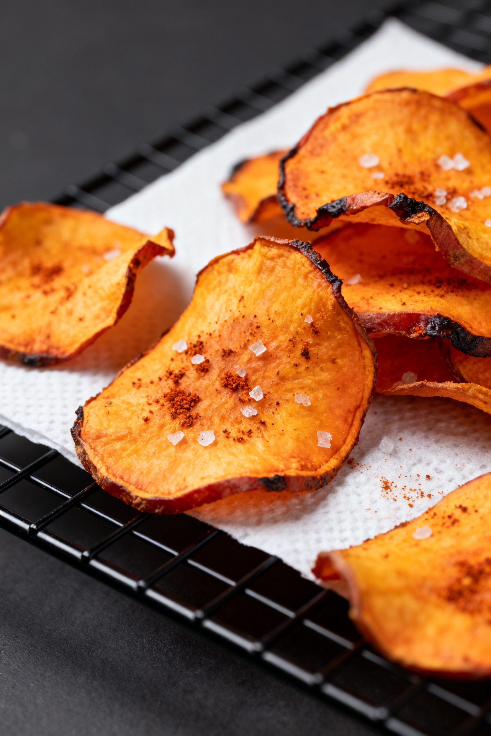 Close-up detail: Air-fried sweet potato chips just out of the basket, golden edges with slight blist