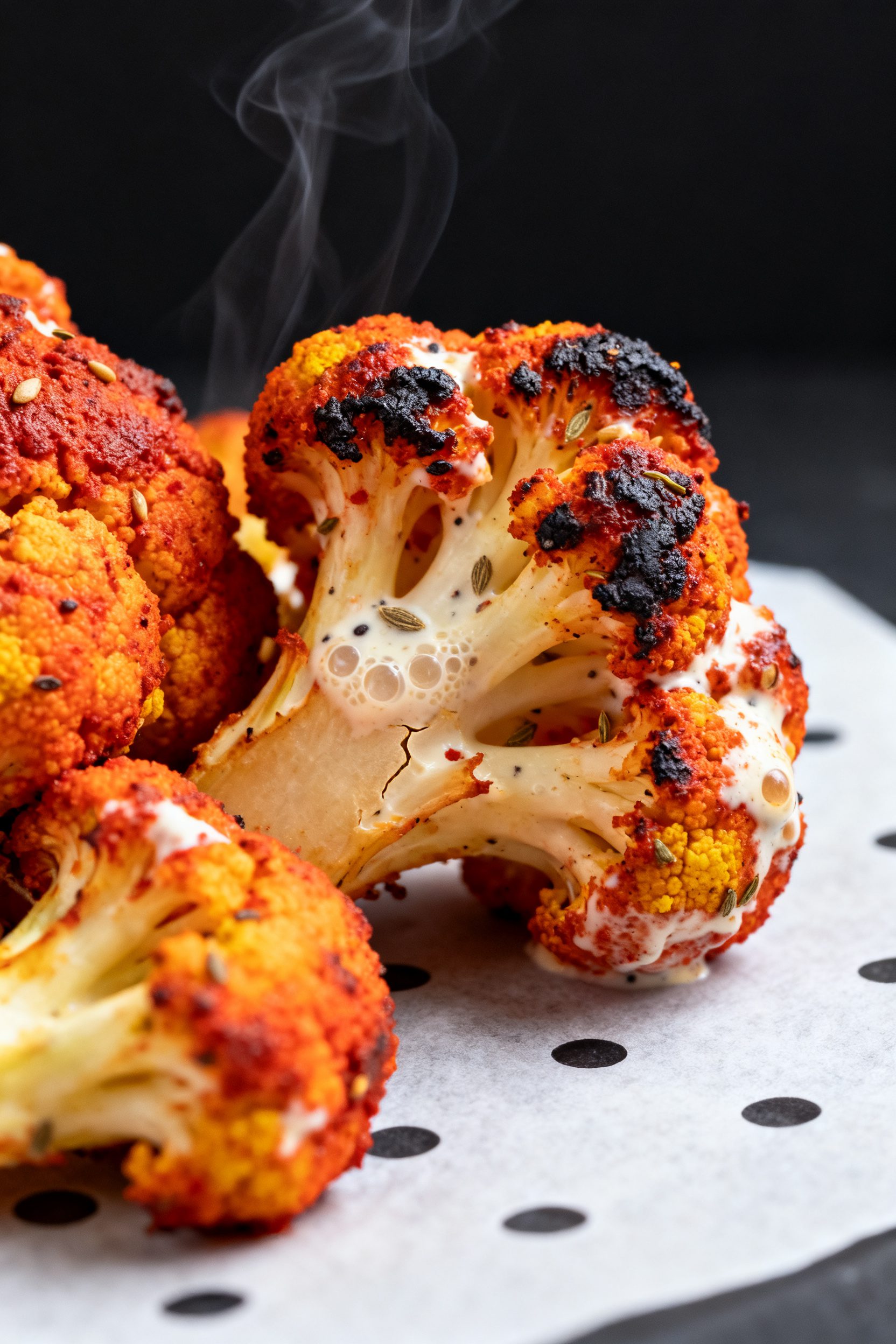 Close-up detail: Air-fried tandoori cauliflower florets just out of the basket at 390°F, edges char