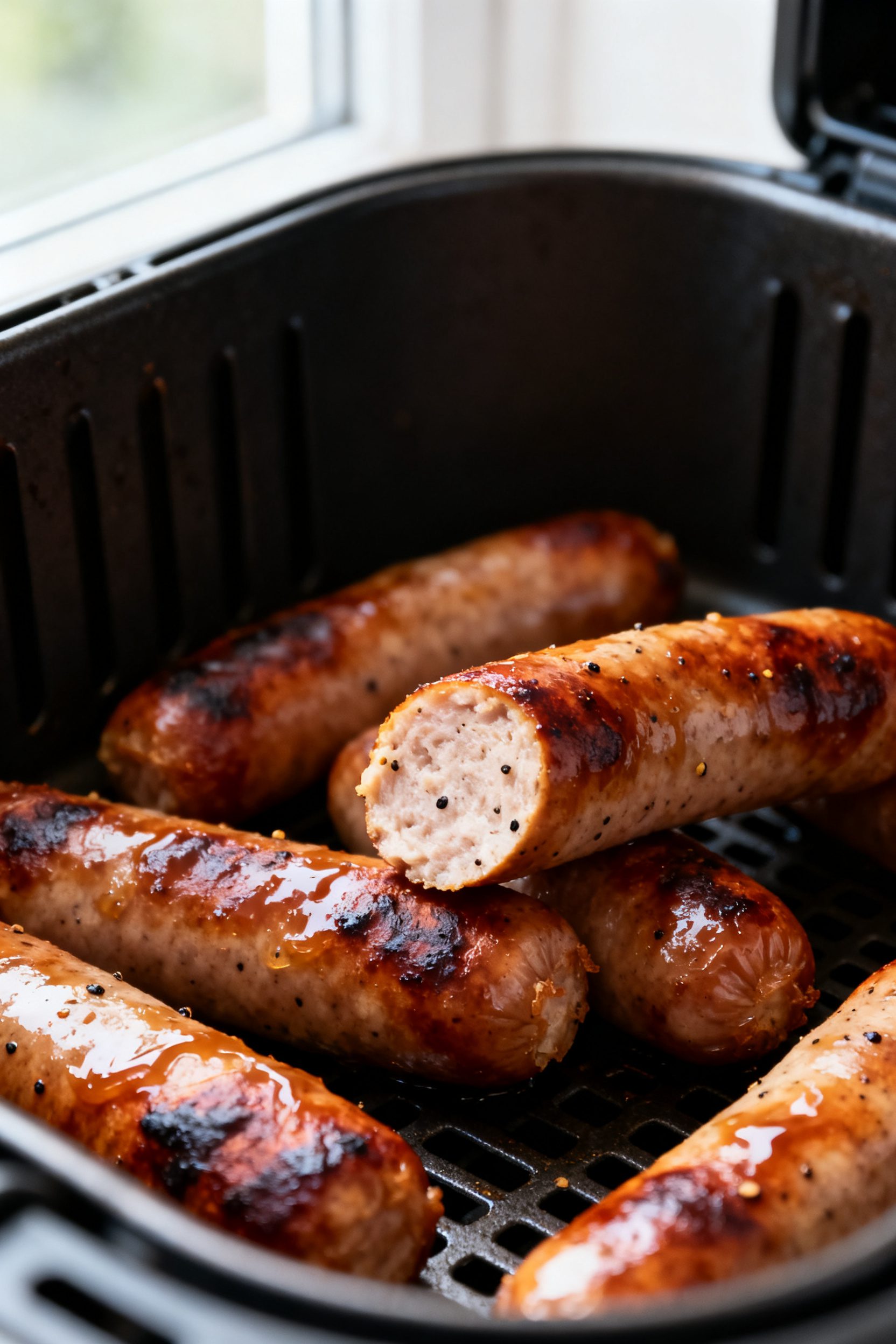 Close-up detail: Air-fried turkey sausage links just finished cooking in the basket at 375°F, casin