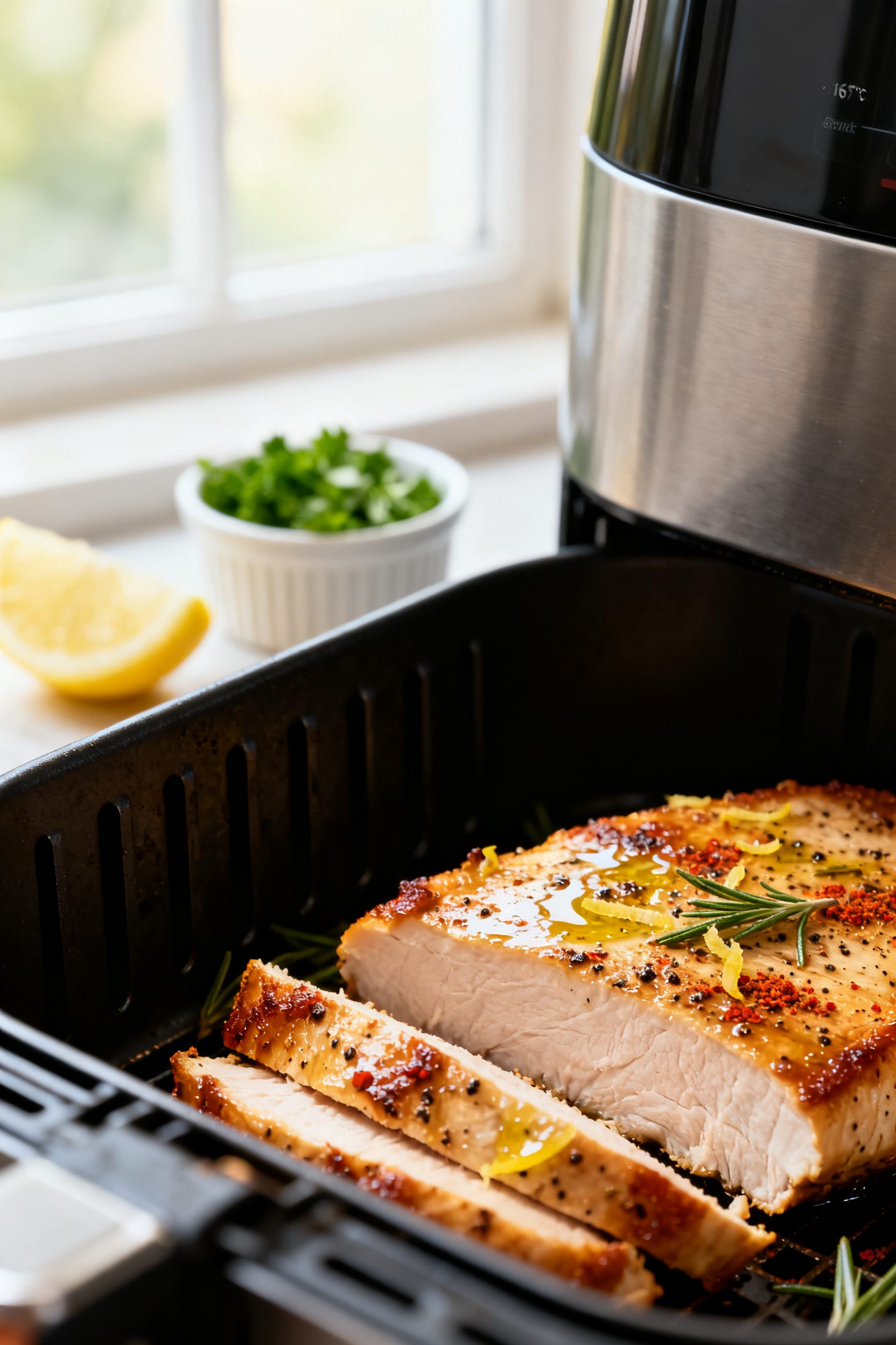 Close-up detail: Air-fried turkey steak just out of the basket, golden caramelized edges and peppere