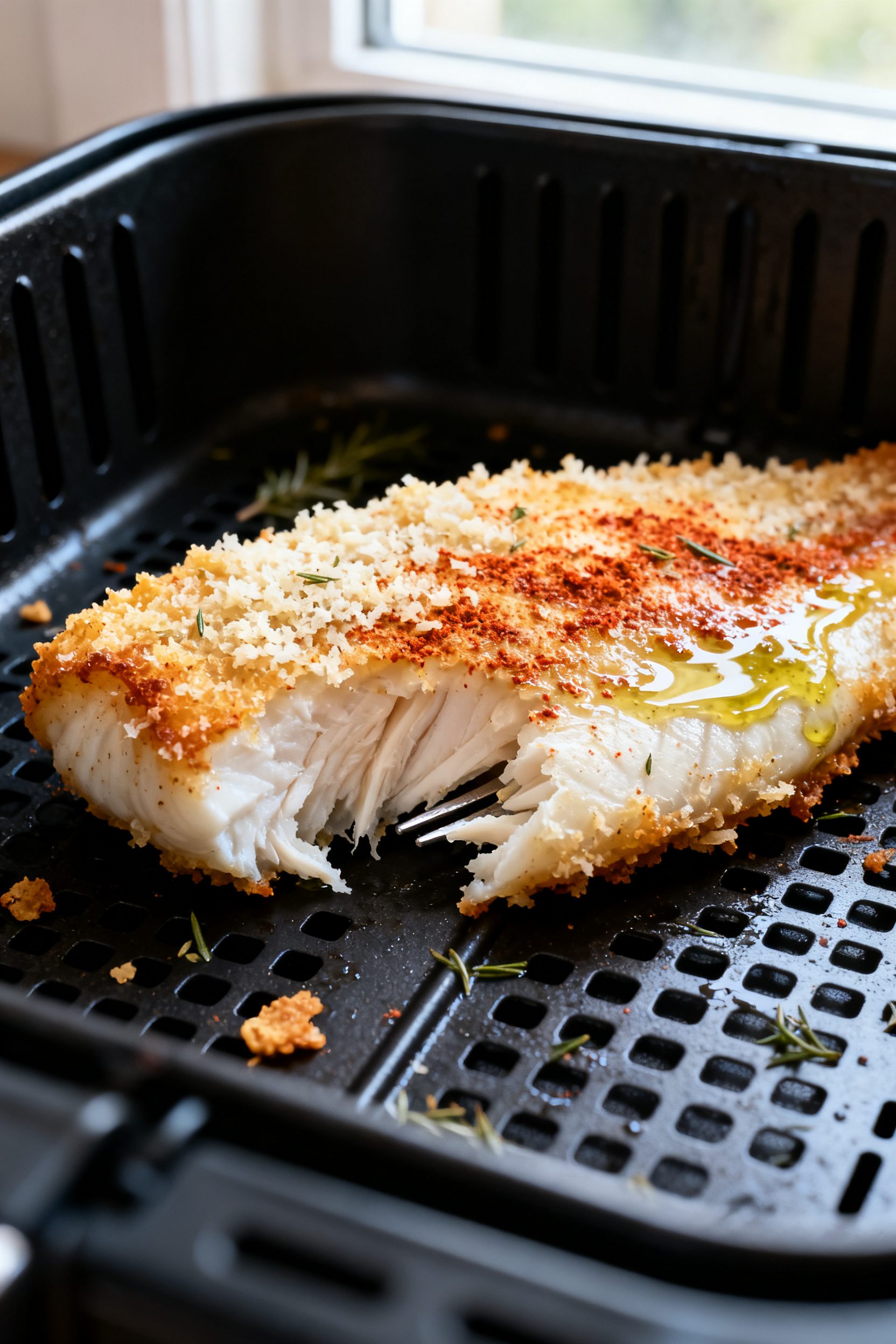 Close-up detail: Air-fried white fish fillet just out of the basket, edges lightly crisped and golde