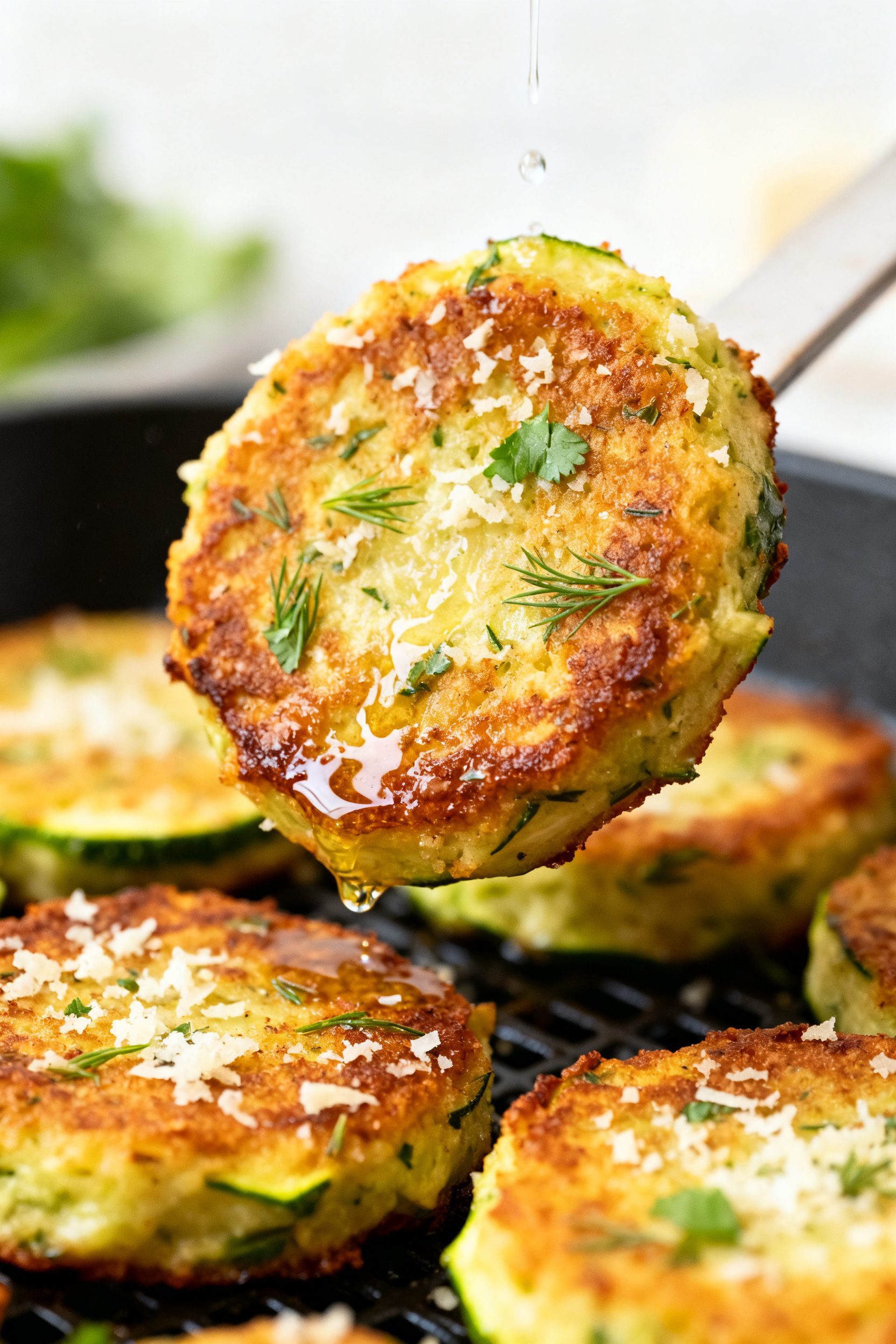 Close-up detail: Air-fried zucchini cakes just flipped in the basket at 390°F, showing a deep golde
