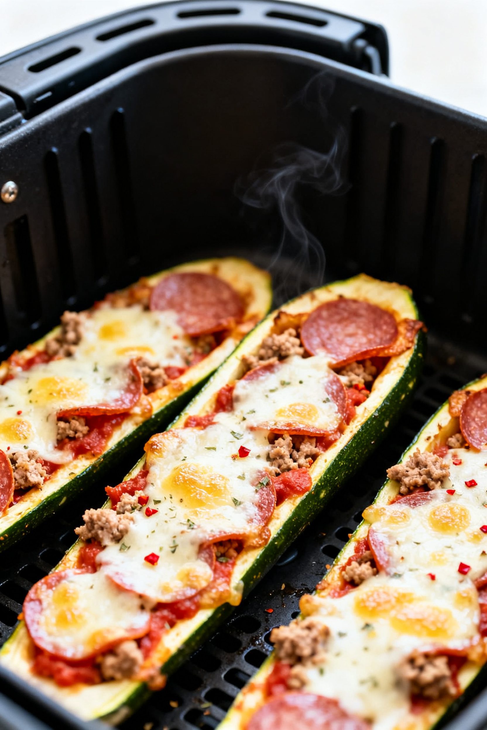 Close-up detail: Air-fried zucchini pizza boats just out of the basket at 375°F, cheese melted and 