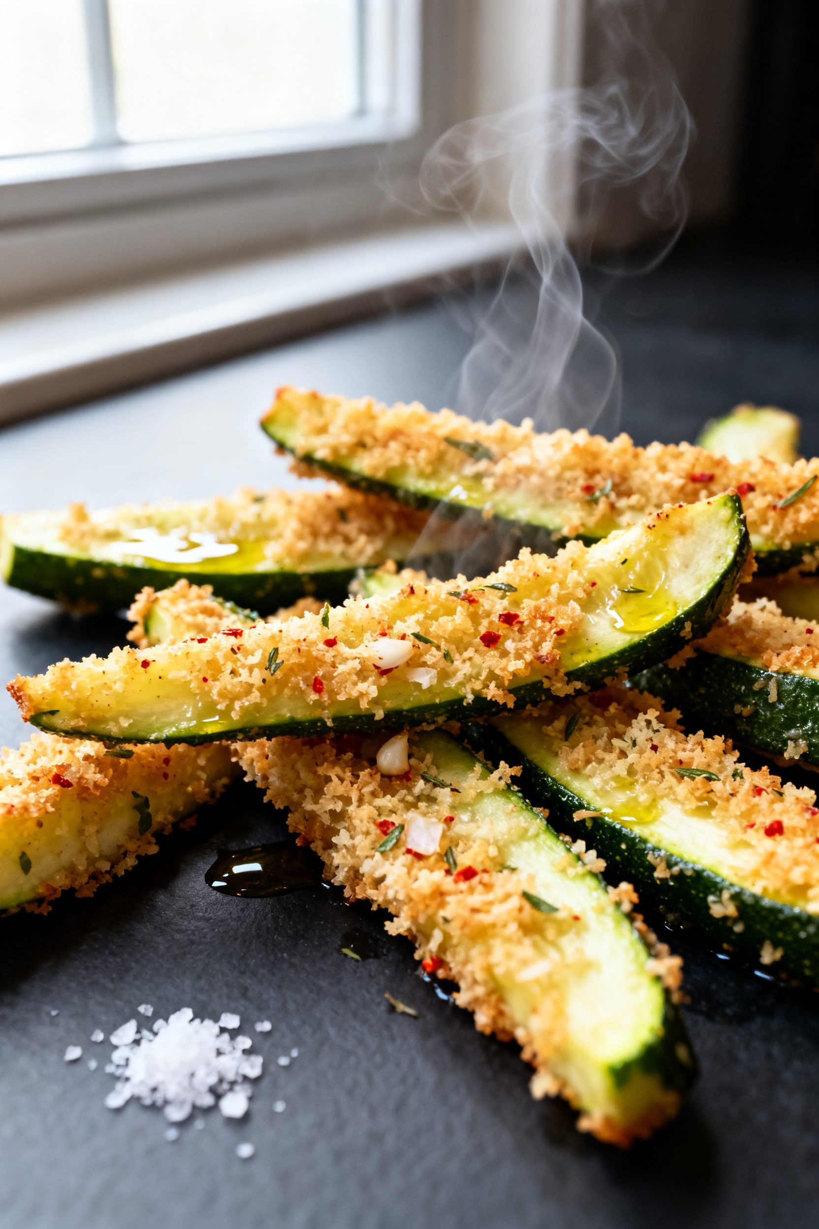 Close-up detail: Air-fried zucchini wedges just out of the basket, golden and ultra-crispy panko-Par