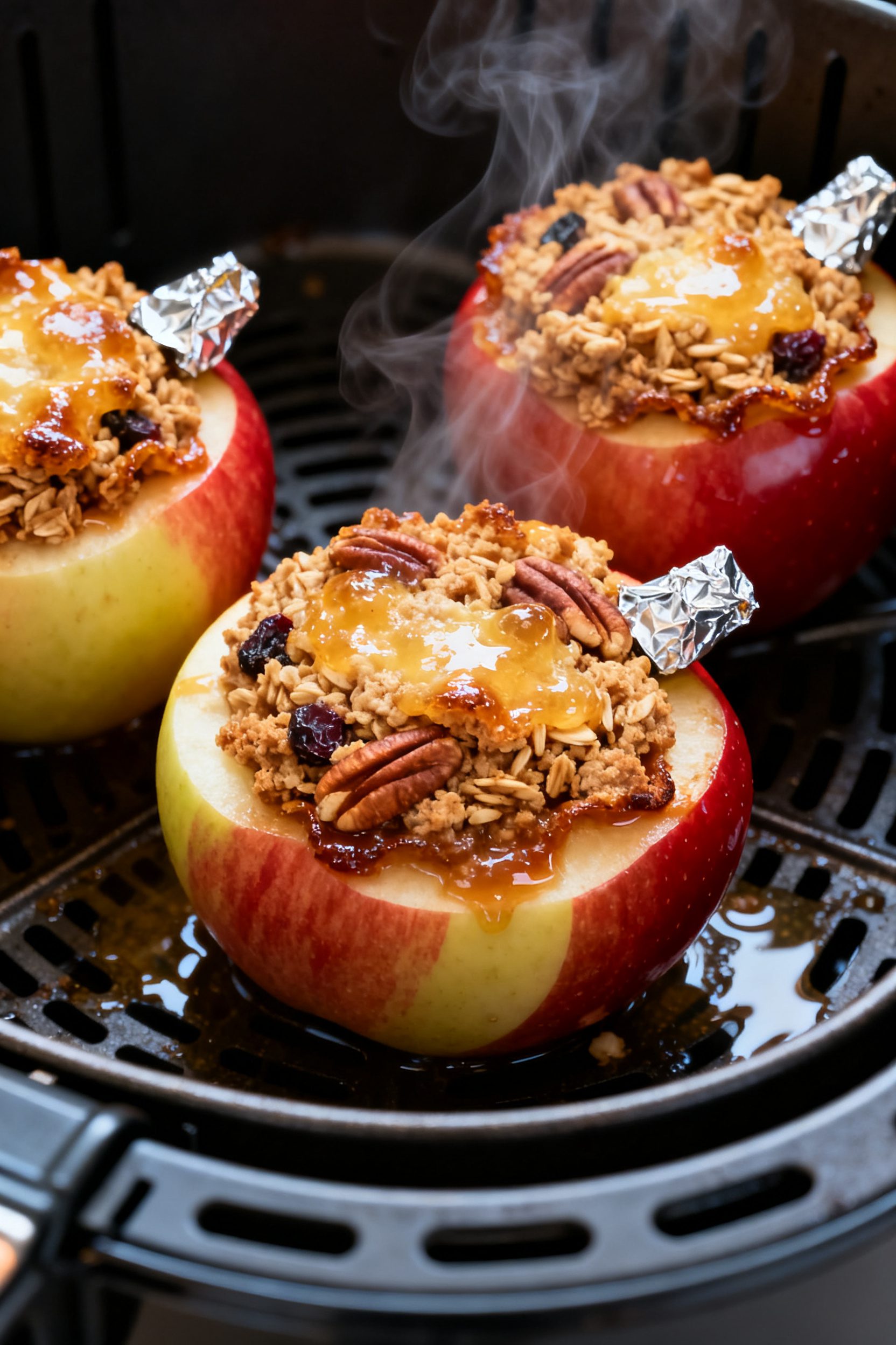 Close-up detail: Air fryer baked apples just finished cooking in the basket at 350°F, golden, bubbl