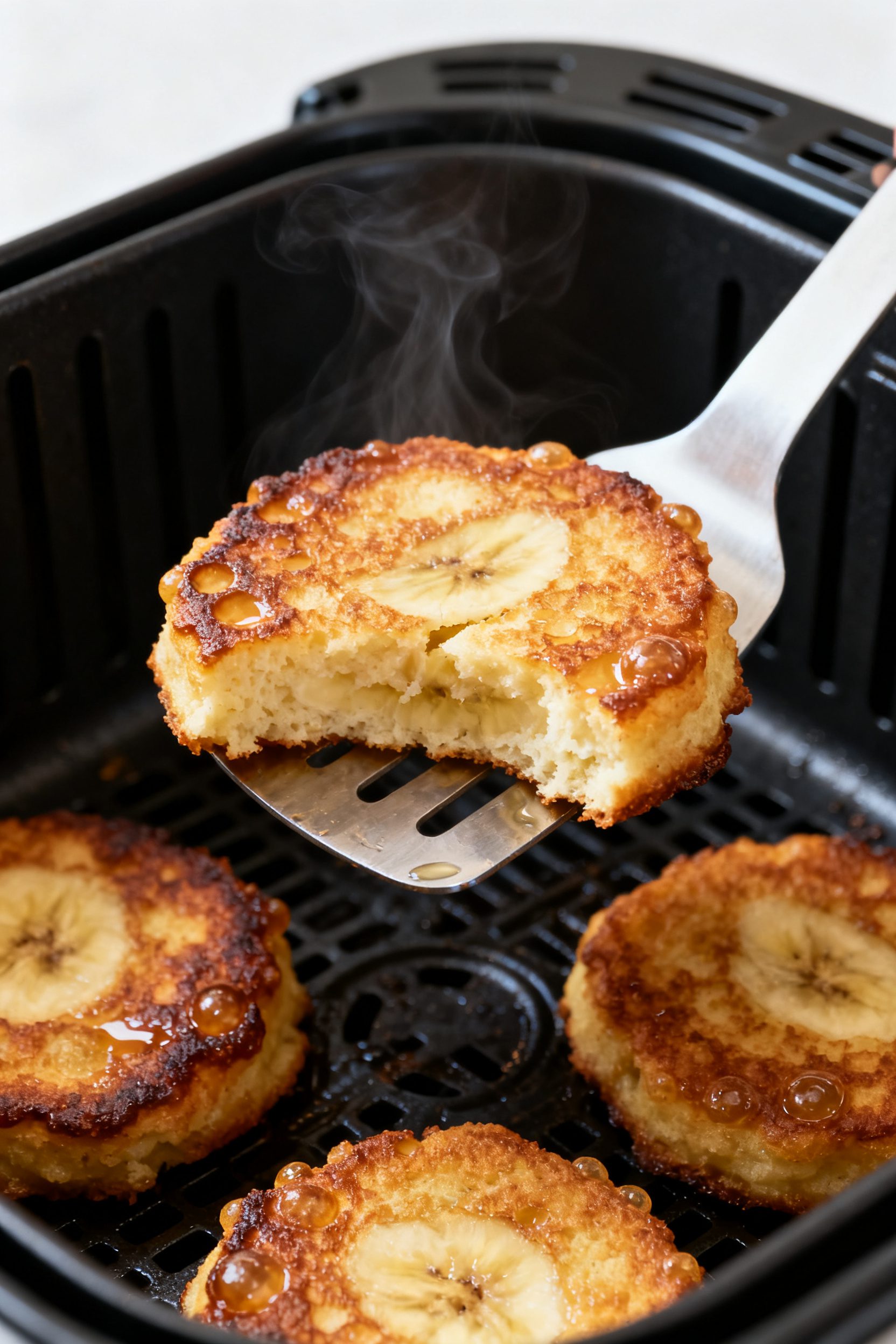 Close-up detail: Air fryer banana fritters just flipped in the basket at 375°F, both sides turning