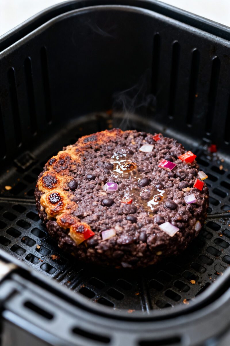 Close-up detail: Air fryer black bean burger patty just flipped in the basket at 375°F, edges visib