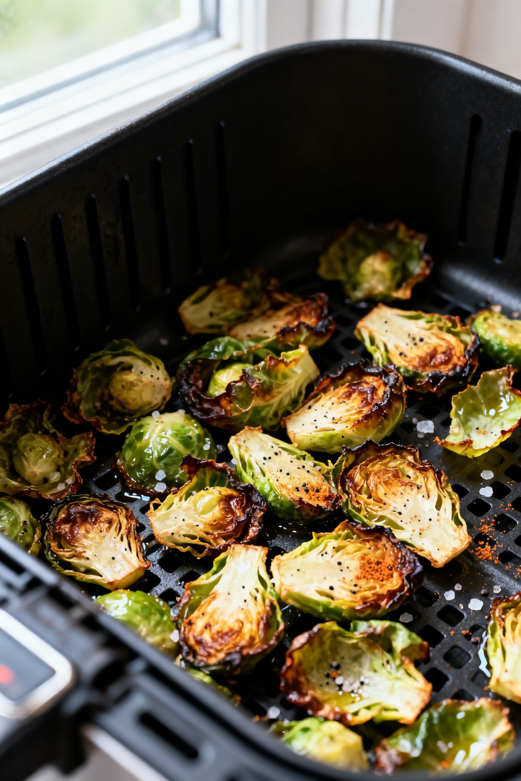 Close-up detail: Air fryer Brussels sprout chips mid-cook in the basket at 350°F, leaves curled and