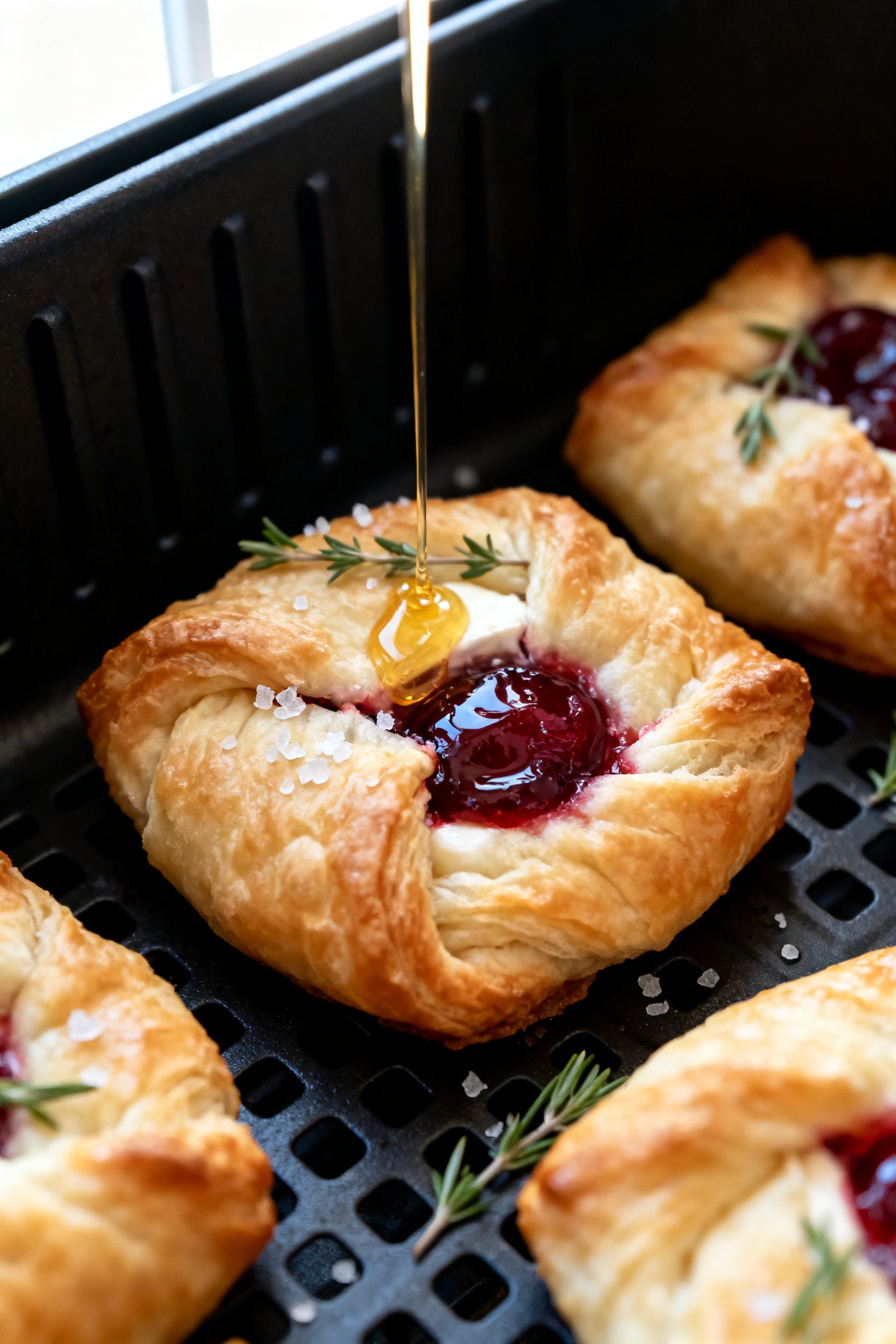 Close-up detail: Air Fryer Cherry Brie Bites just out of the basket, puff pastry visibly puffed and 