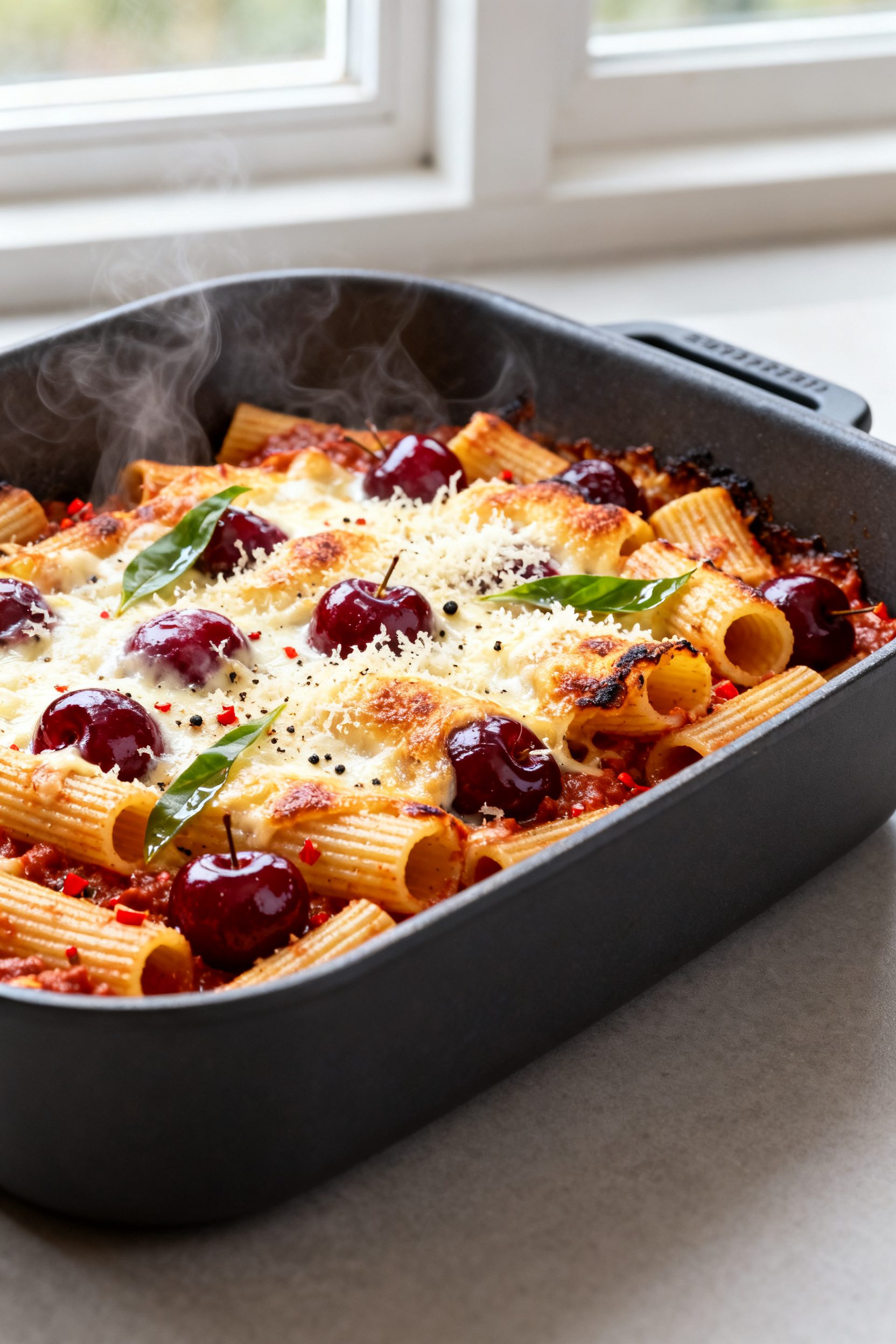 Close-up detail: Air Fryer Cherry Pasta Bake just out of the basket, cheese bubbling and caramelized