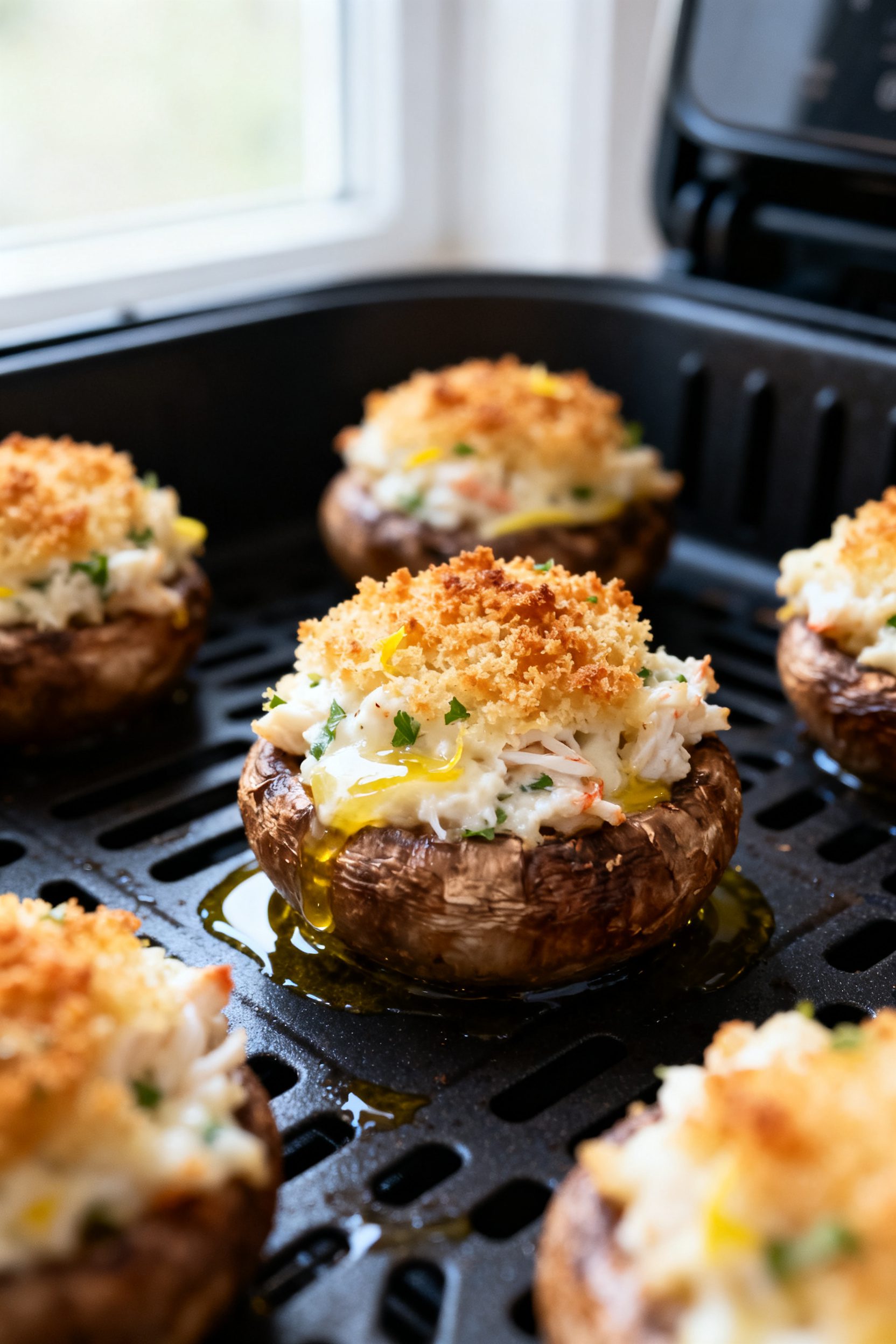 Close-up detail: Air fryer crab stuffed mushrooms just out of the basket at 375°F, tops golden and 