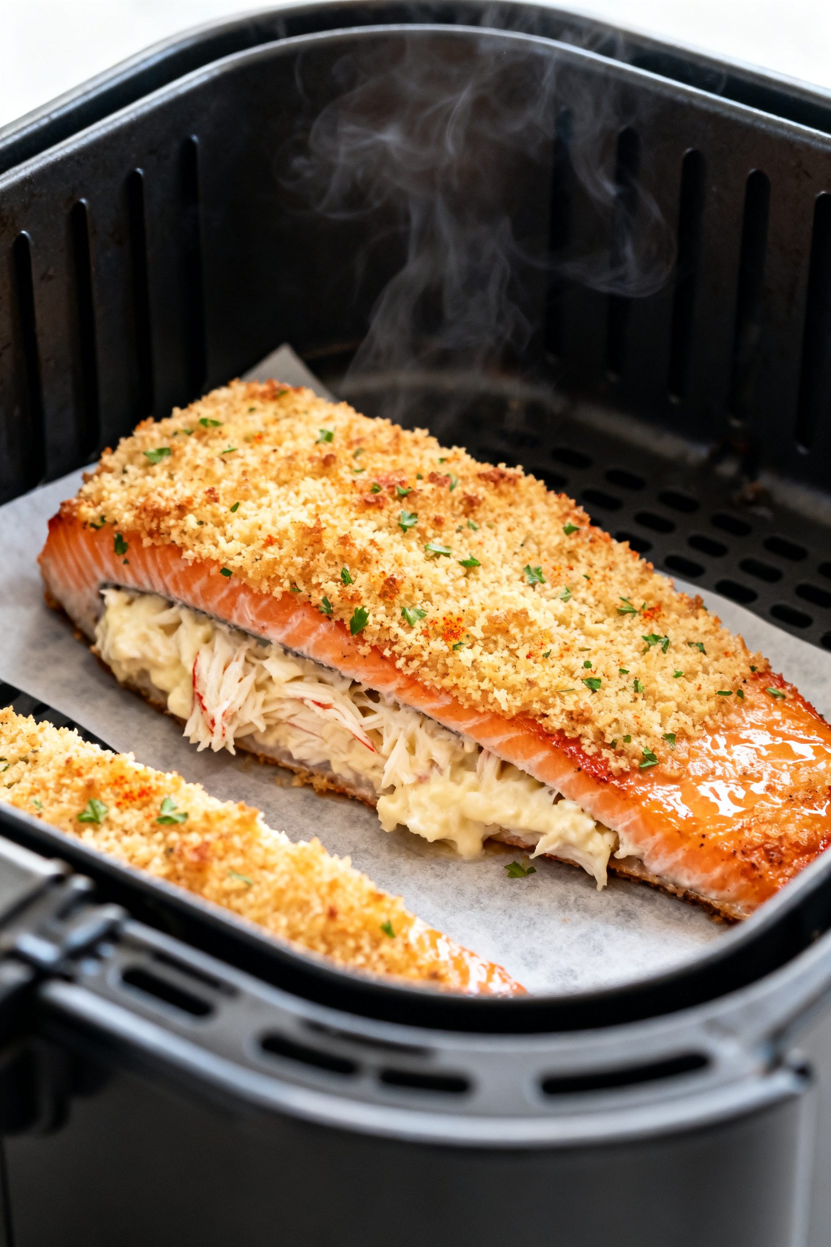 Close-up detail: Air fryer crab stuffed salmon just cooked, stuffed side up in the basket, golden pa