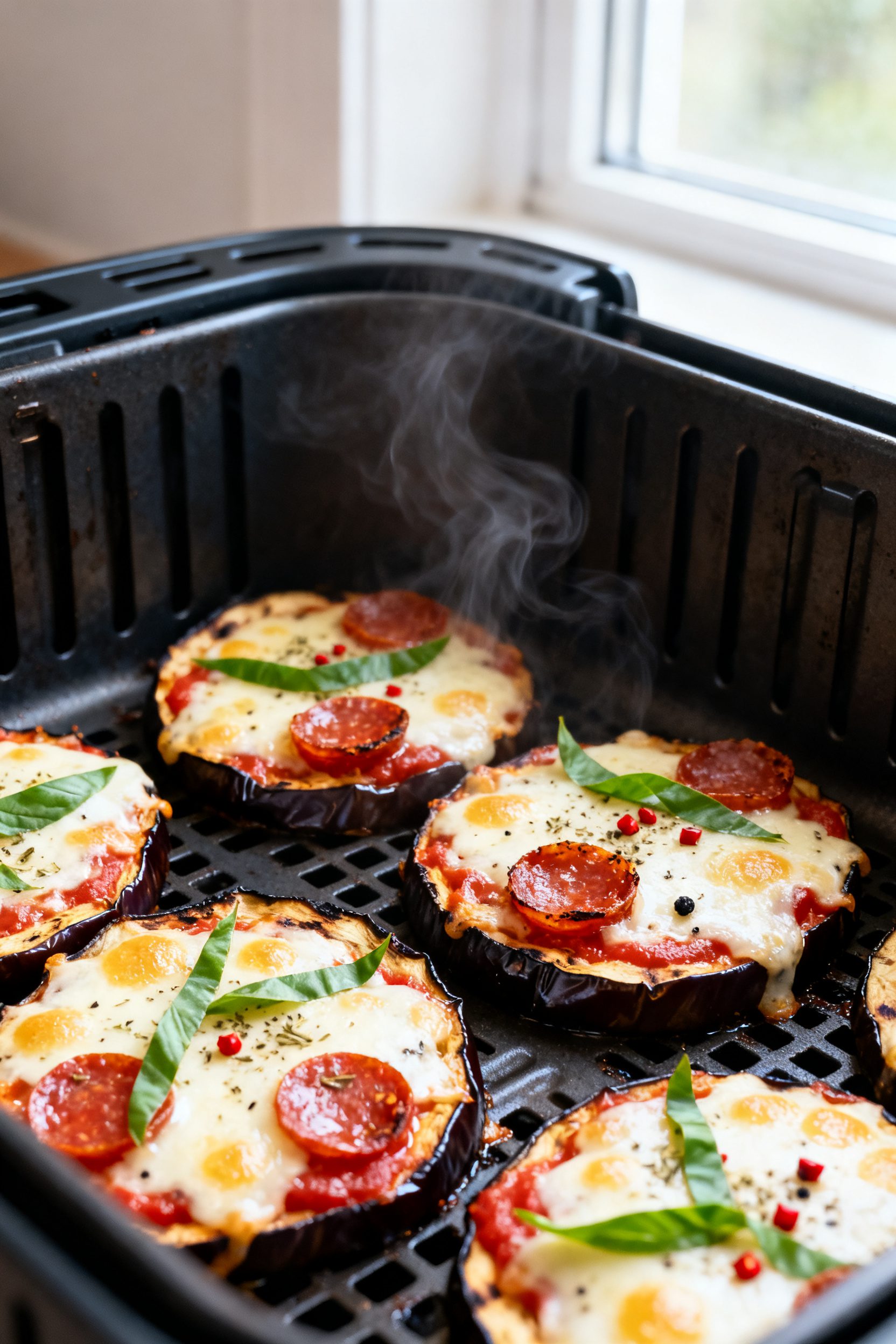 Close-up detail: Air fryer eggplant “mini pizzas” just finished cooking at 380°F—cheese melte