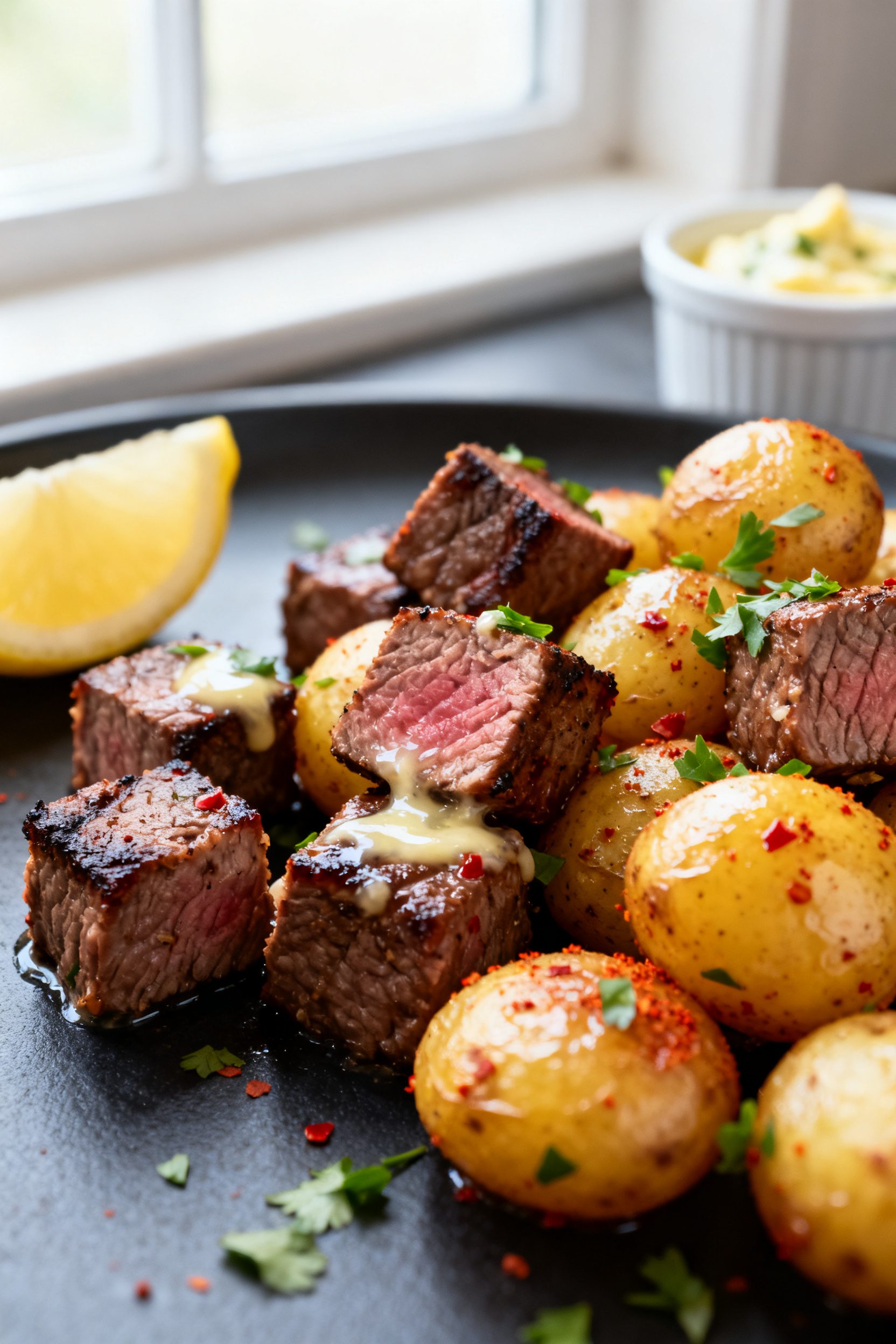 Close-up detail: Air fryer garlic steak bites and crispy baby potatoes just after cooking, glistenin