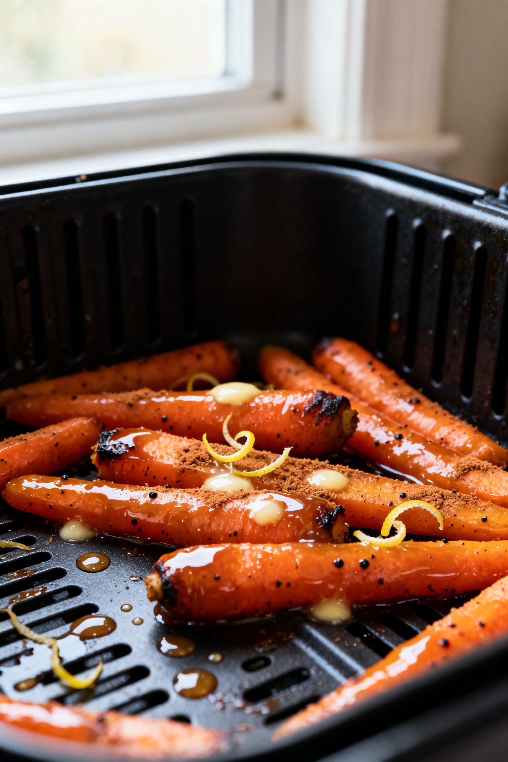 Close-up detail: Air fryer-glazed carrots just out of the basket at 380°F, tender with light char o