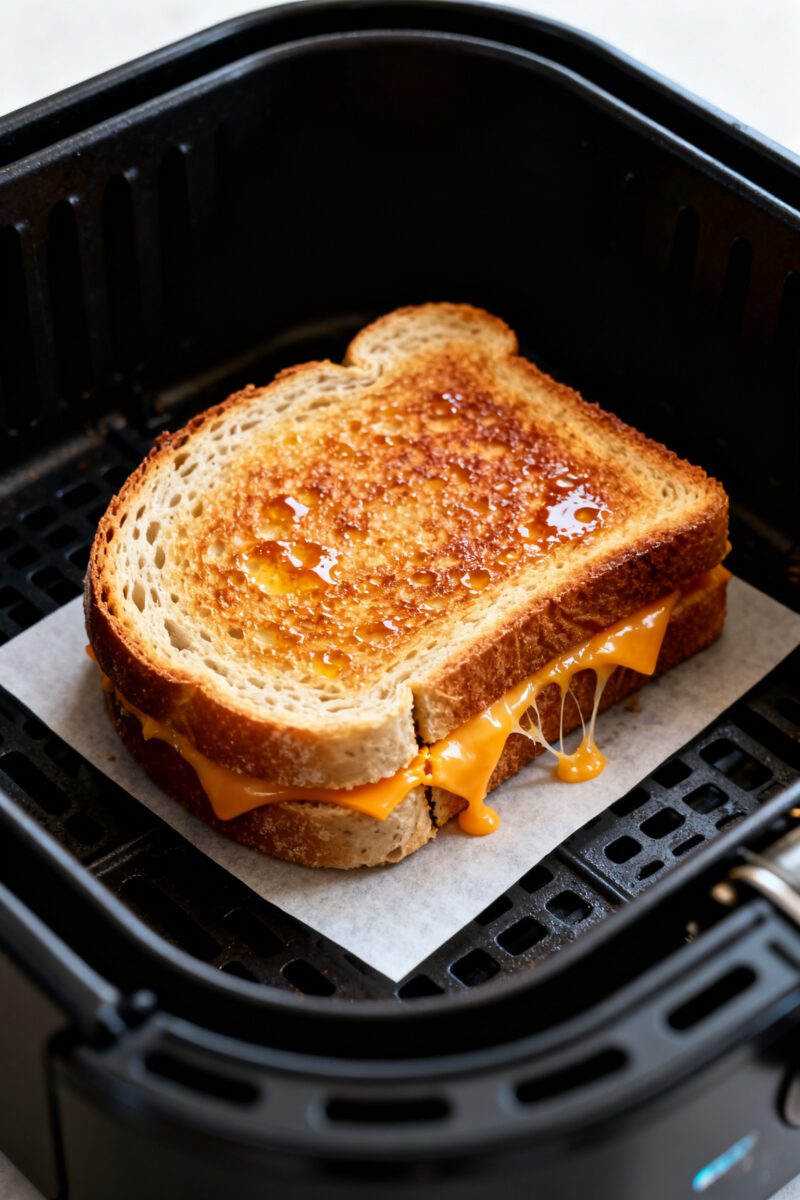 Close-up detail: Air fryer grilled cheese mid-cook in the basket at 370°F, second side browning aft